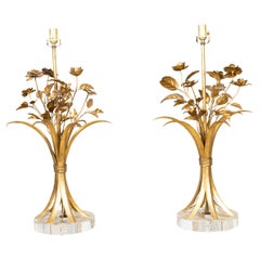 Pair of Italian Midcentury Table Lamps Depicting Bouquets of Roses on Lucite