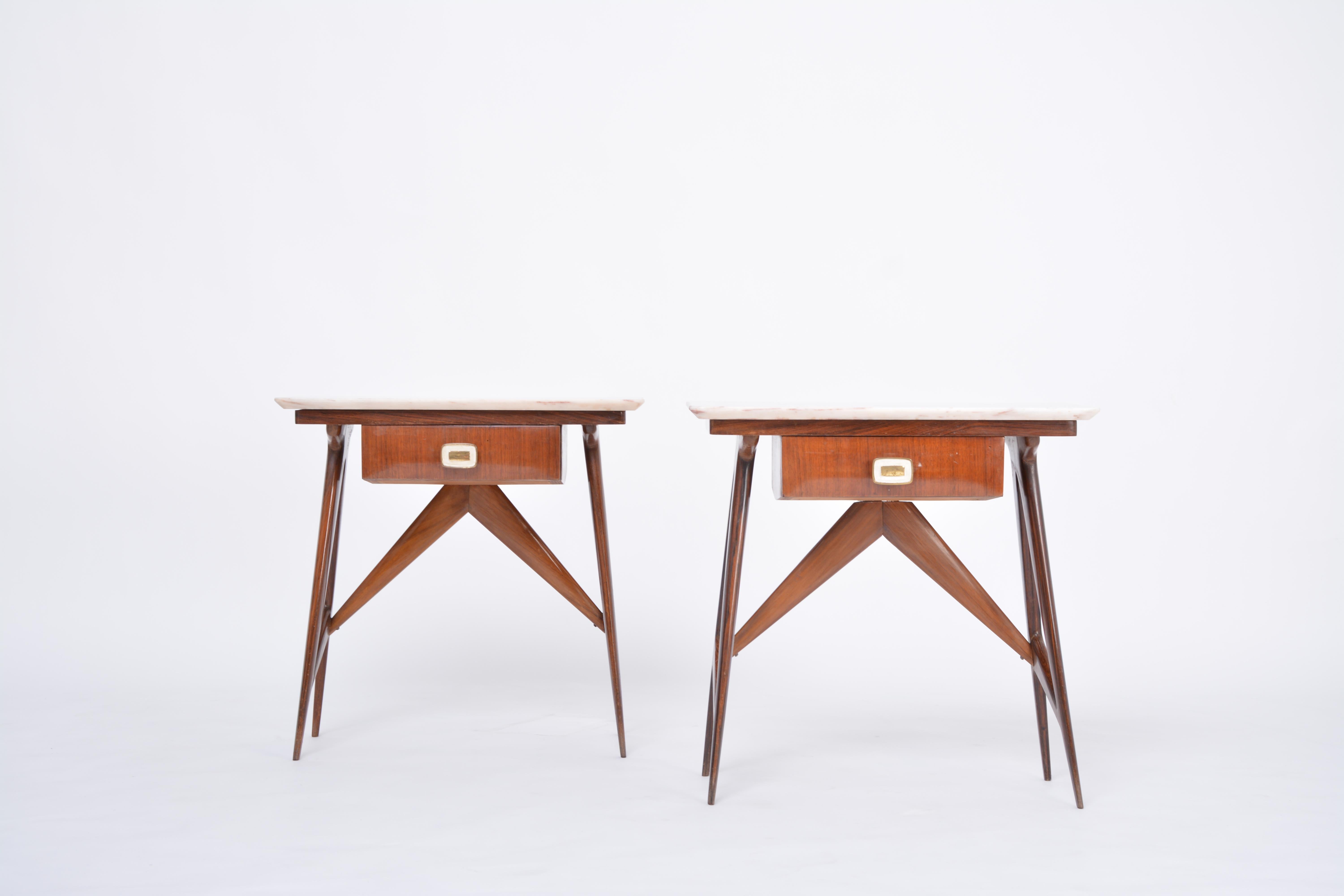 Pair of Italian Midcentury Teak and Marble Nightstands by Silvio Cavatorta 13