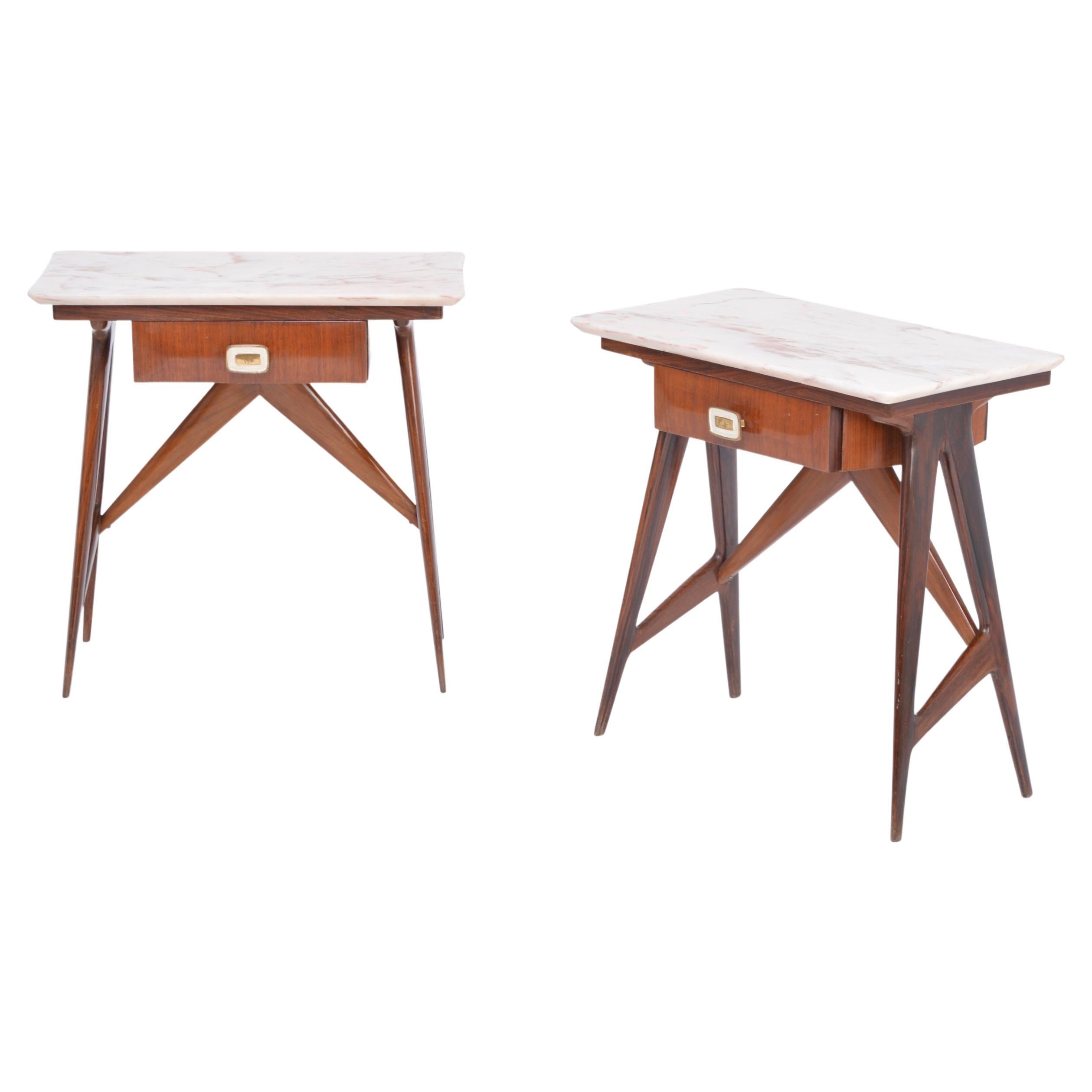 Pair of Italian Midcentury Teak and Marble Nightstands by Silvio Cavatorta