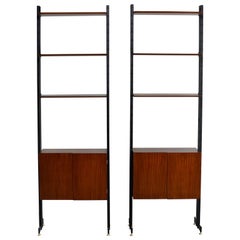 Pair of Italian Midcentury Teak and Metal Etagere Cabinets