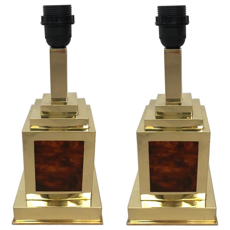 Pair of Italian Midcentury Tortoiseshell Lucite and Brass Table Lamps, 1970s