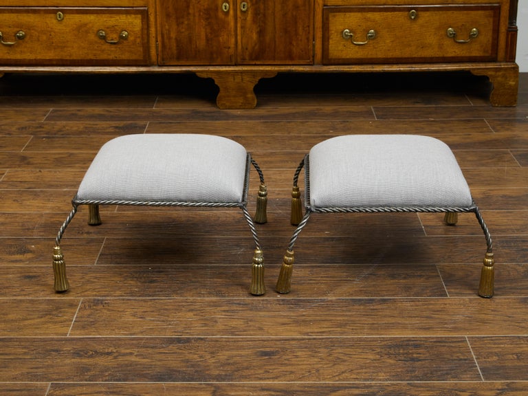 Pair of Italian Midcentury Twisted Rope Metal Stools with Carved Wooden
