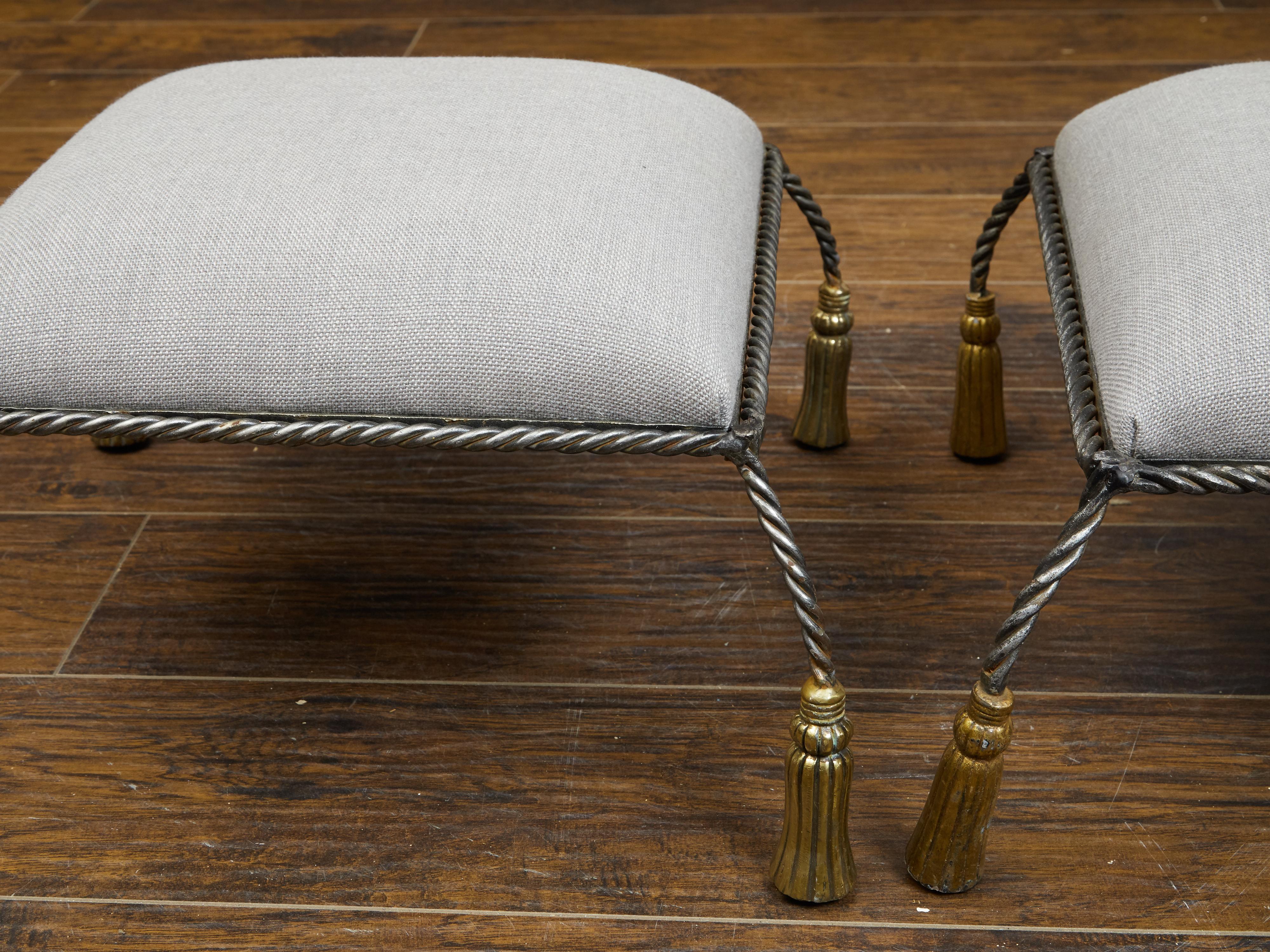 Mid-Century Modern Pair of Italian Midcentury Twisted Rope Metal Stools with Carved Wooden Tassels For Sale