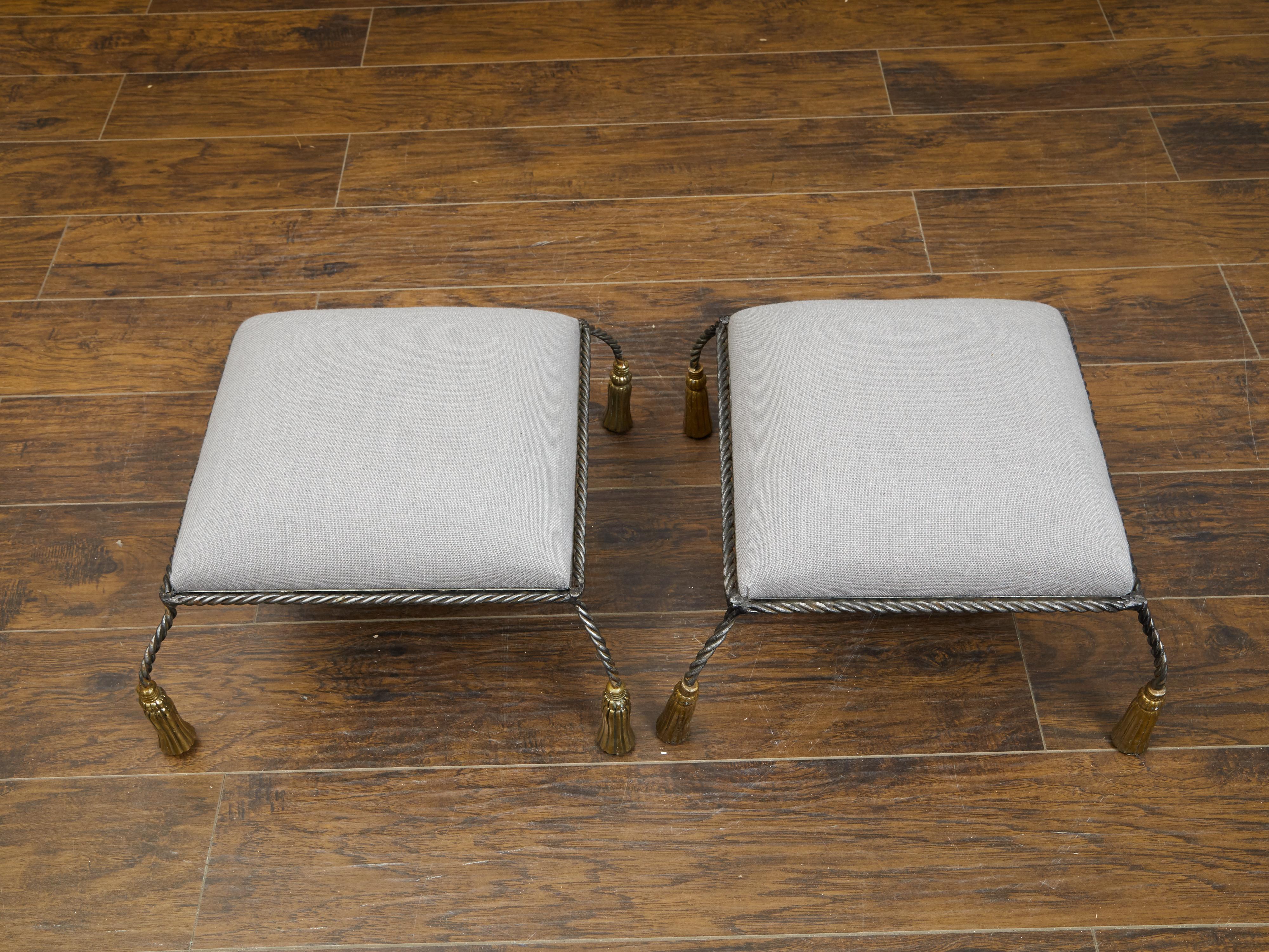 Pair of Italian Midcentury Twisted Rope Metal Stools with Carved Wooden Tassels In Good Condition For Sale In Atlanta, GA