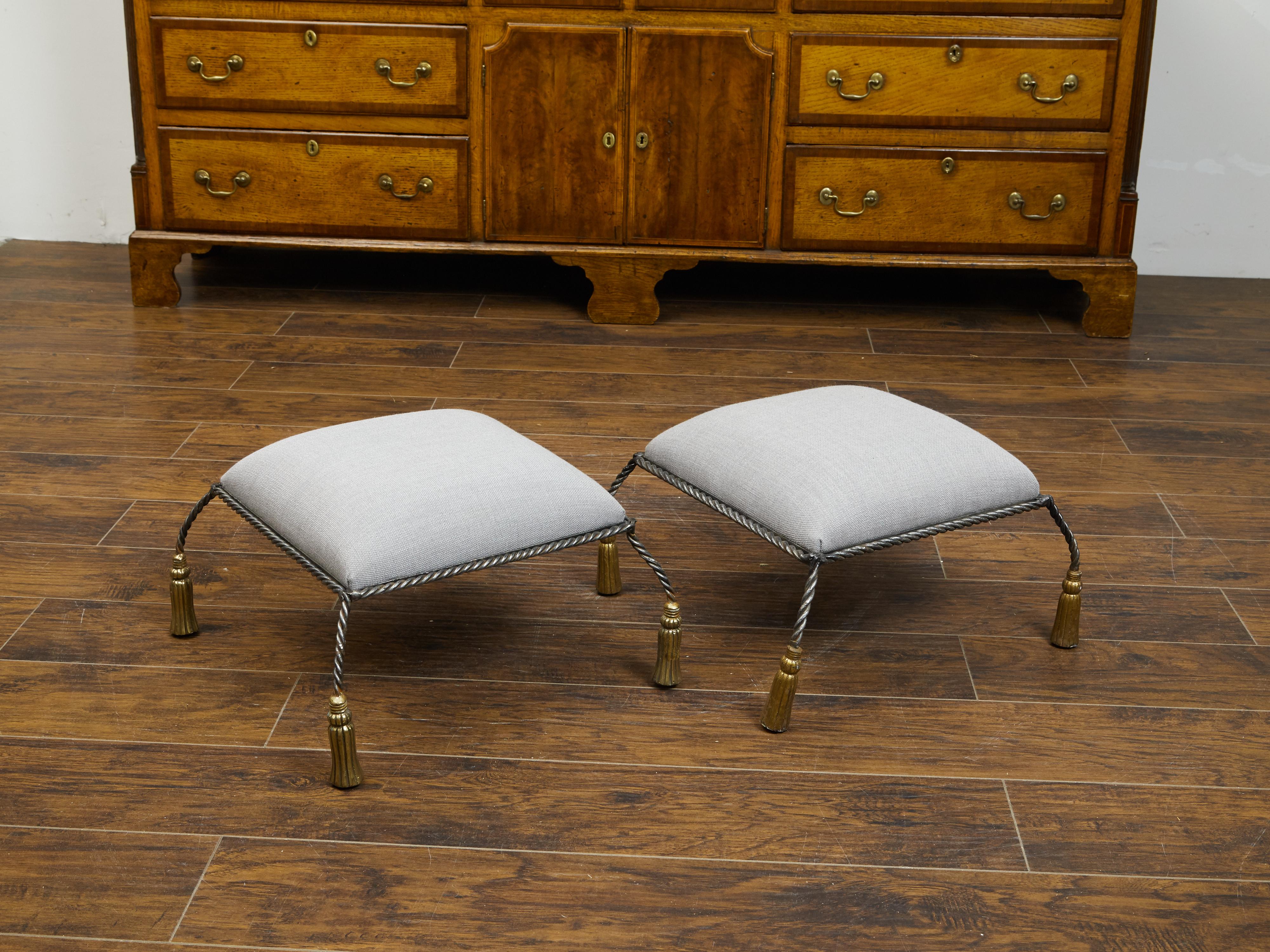 20th Century Pair of Italian Midcentury Twisted Rope Metal Stools with Carved Wooden Tassels For Sale