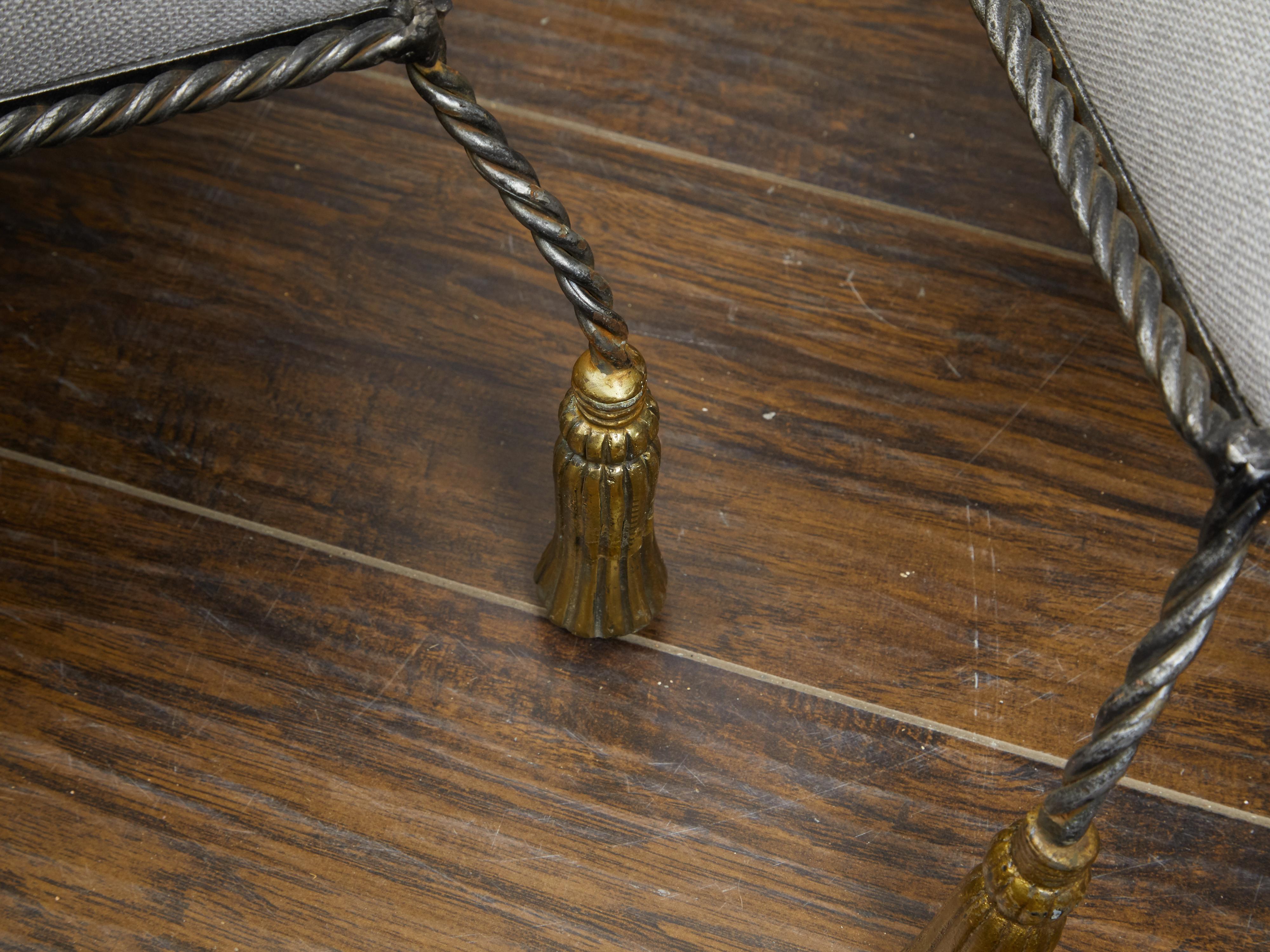Pair of Italian Midcentury Twisted Rope Metal Stools with Carved Wooden Tassels For Sale 2