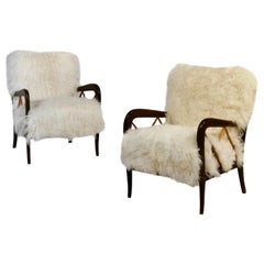 Pair of Italian Midcentury Walnut and Sheepskin Armchairs by Paolo Buffa