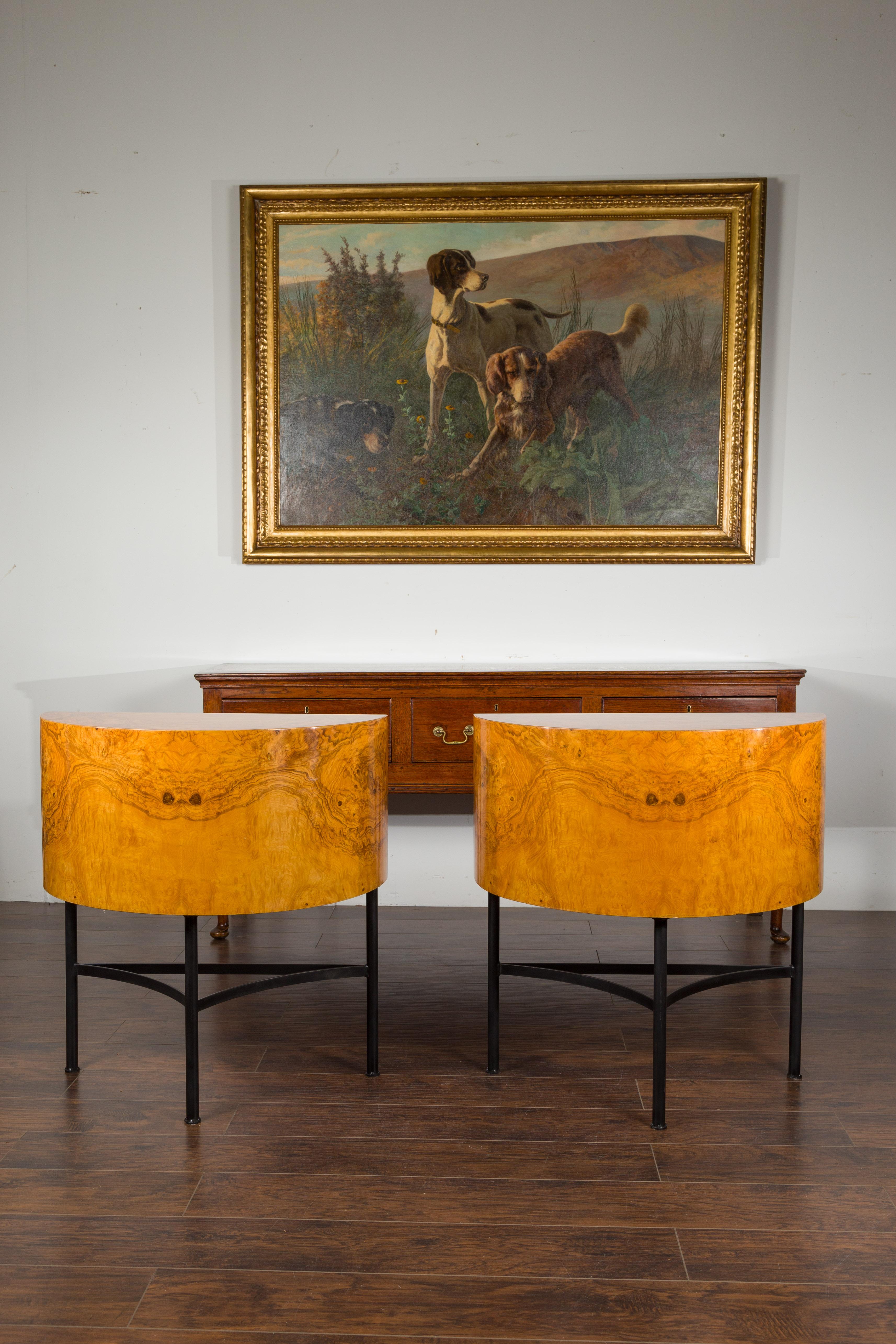 Mid-Century Modern Pair of Italian Midcentury Walnut Demilune Tables on Custom Iron Bases For Sale