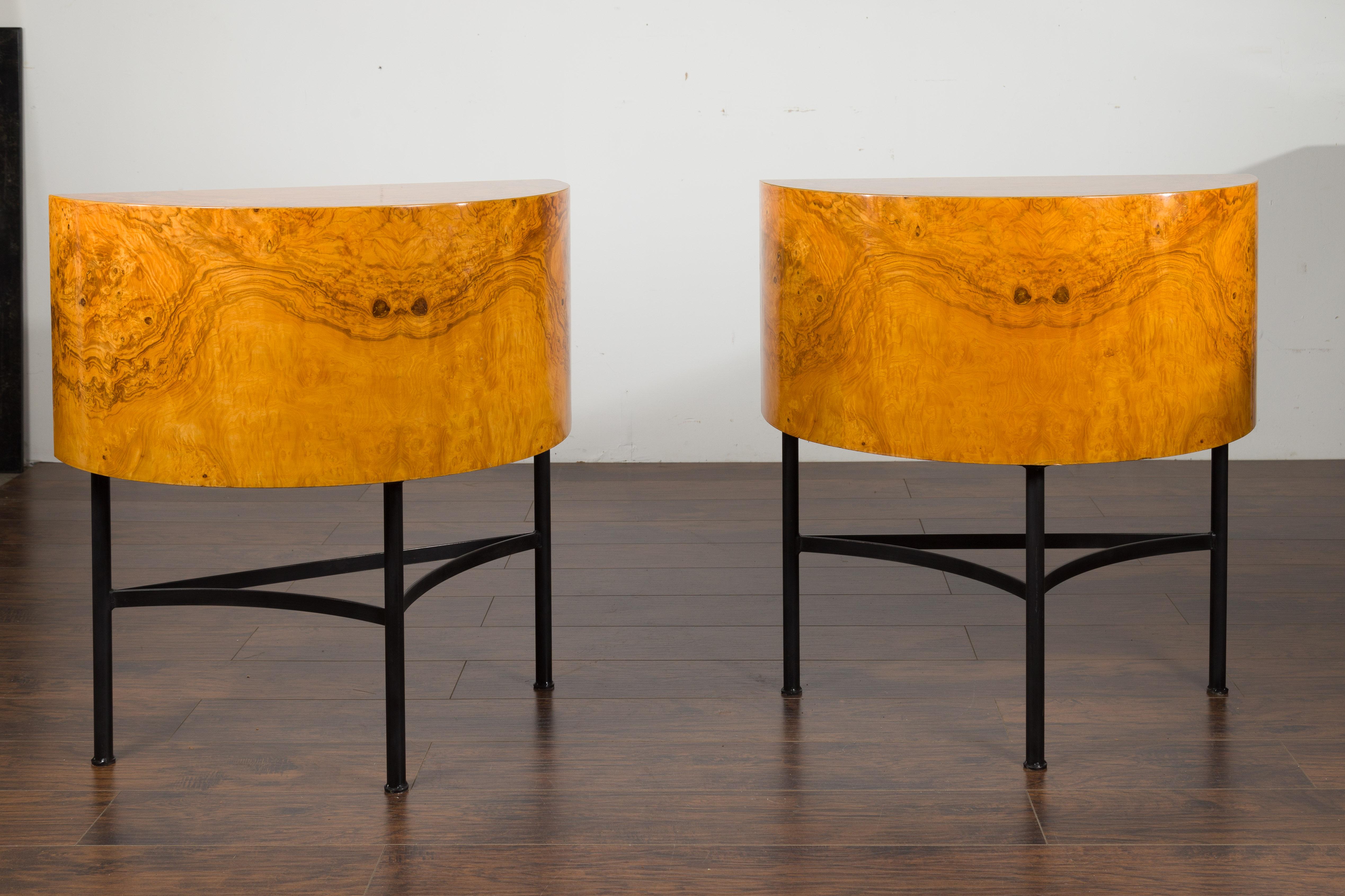 Pair of Italian Midcentury Walnut Demilune Tables on Custom Iron Bases For Sale 1