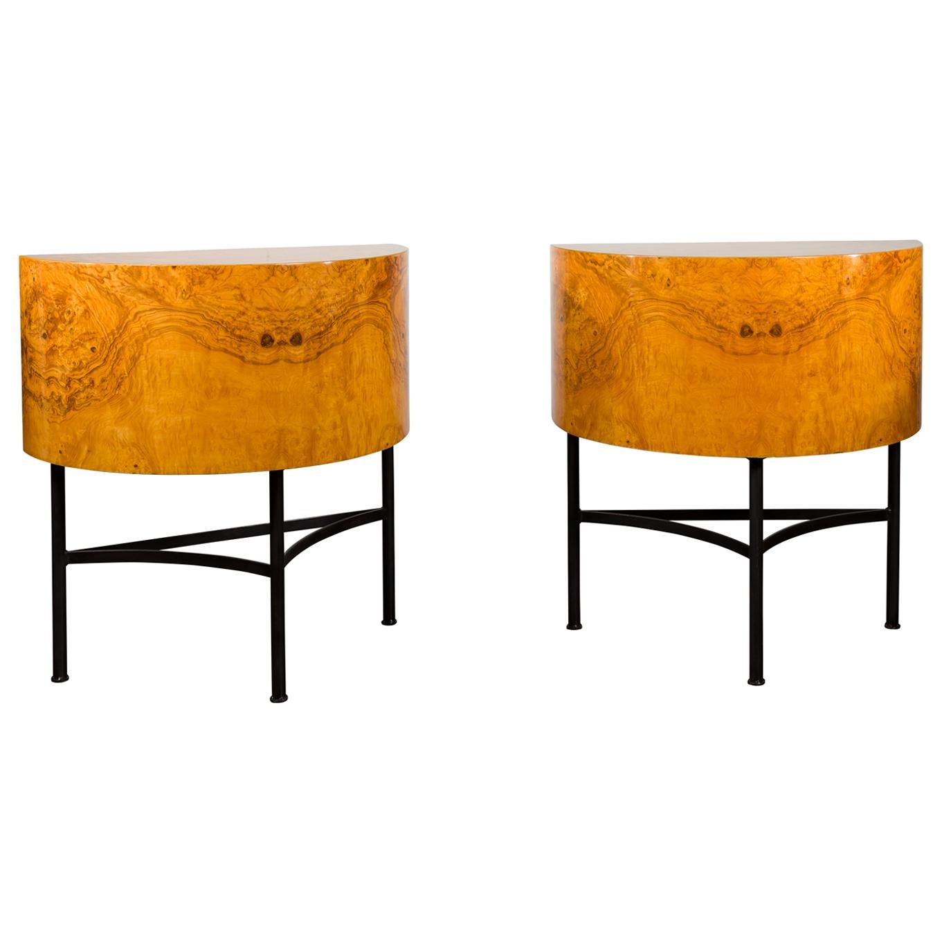 Pair of Italian Midcentury Walnut Demilune Tables on Custom Iron Bases For Sale