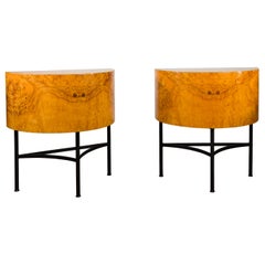 Pair of Italian Midcentury Walnut Demilune Tables on Custom Iron Bases