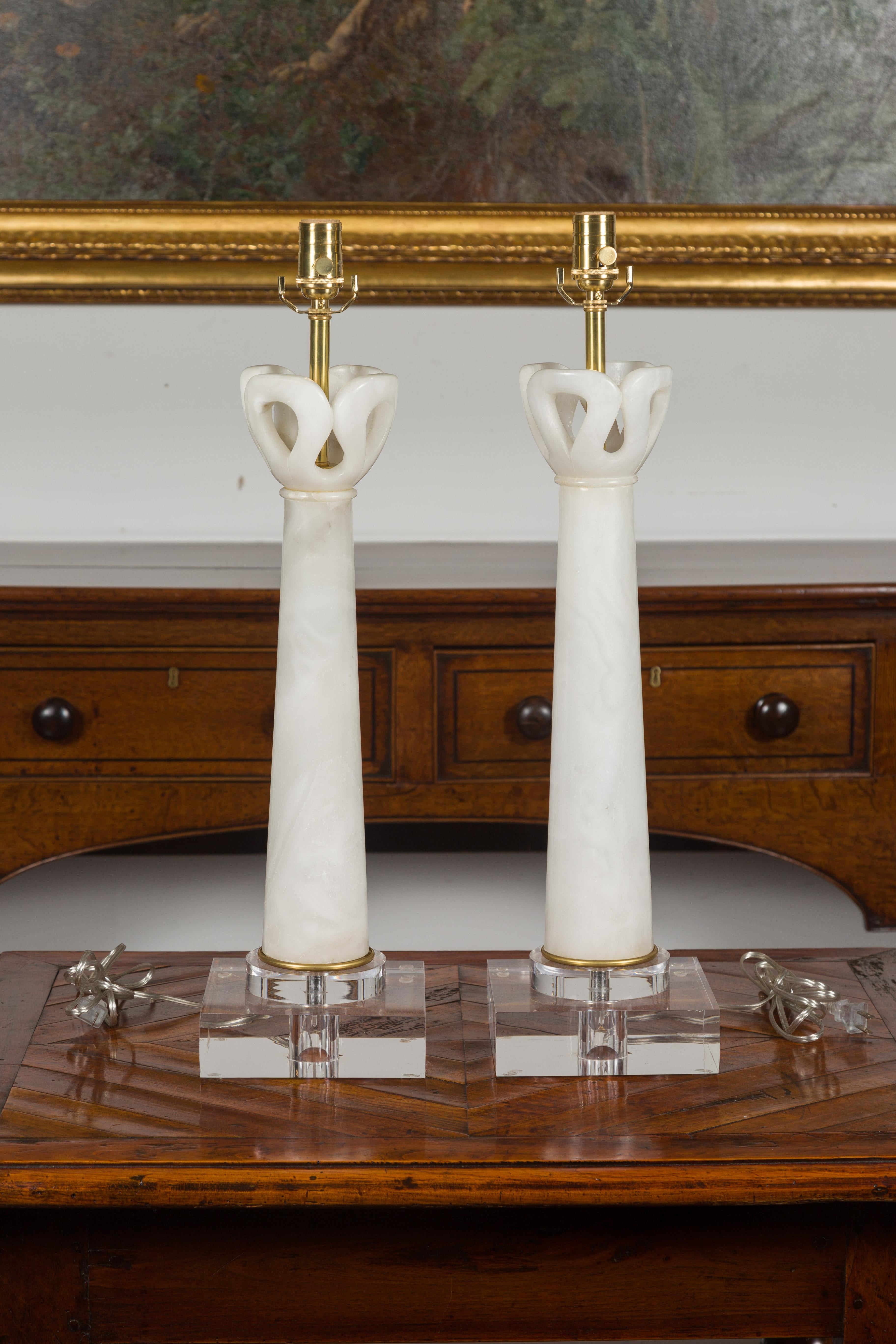 Mid-Century Modern Pair of Italian Midcentury Wired Alabaster Table Lamps Mounted on Lucite Bases