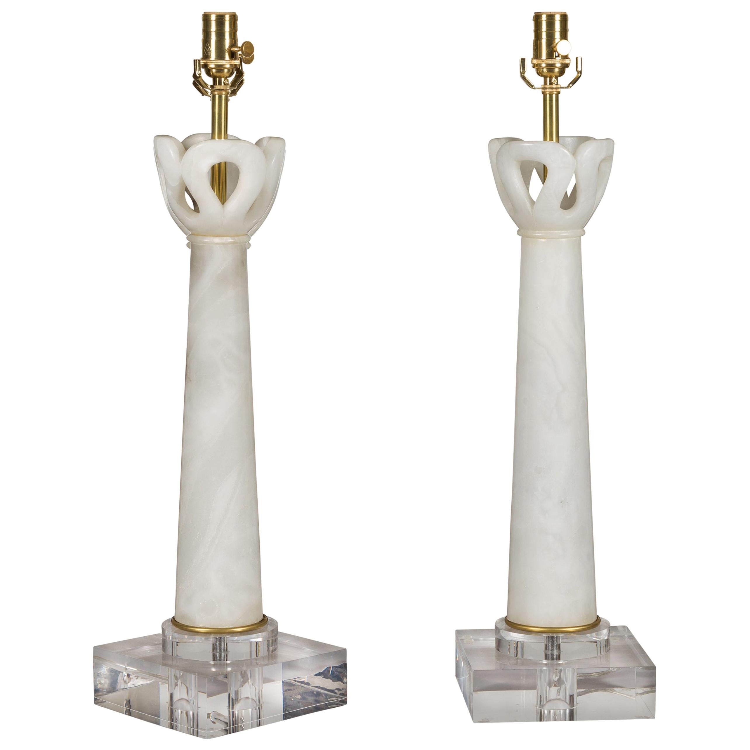 Pair of Italian Midcentury Wired Alabaster Table Lamps Mounted on Lucite Bases