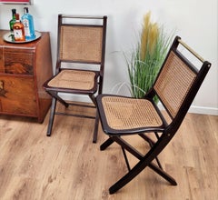 Pair of Italian Midcentury Wood, Brass and Rattan Folding Chairs