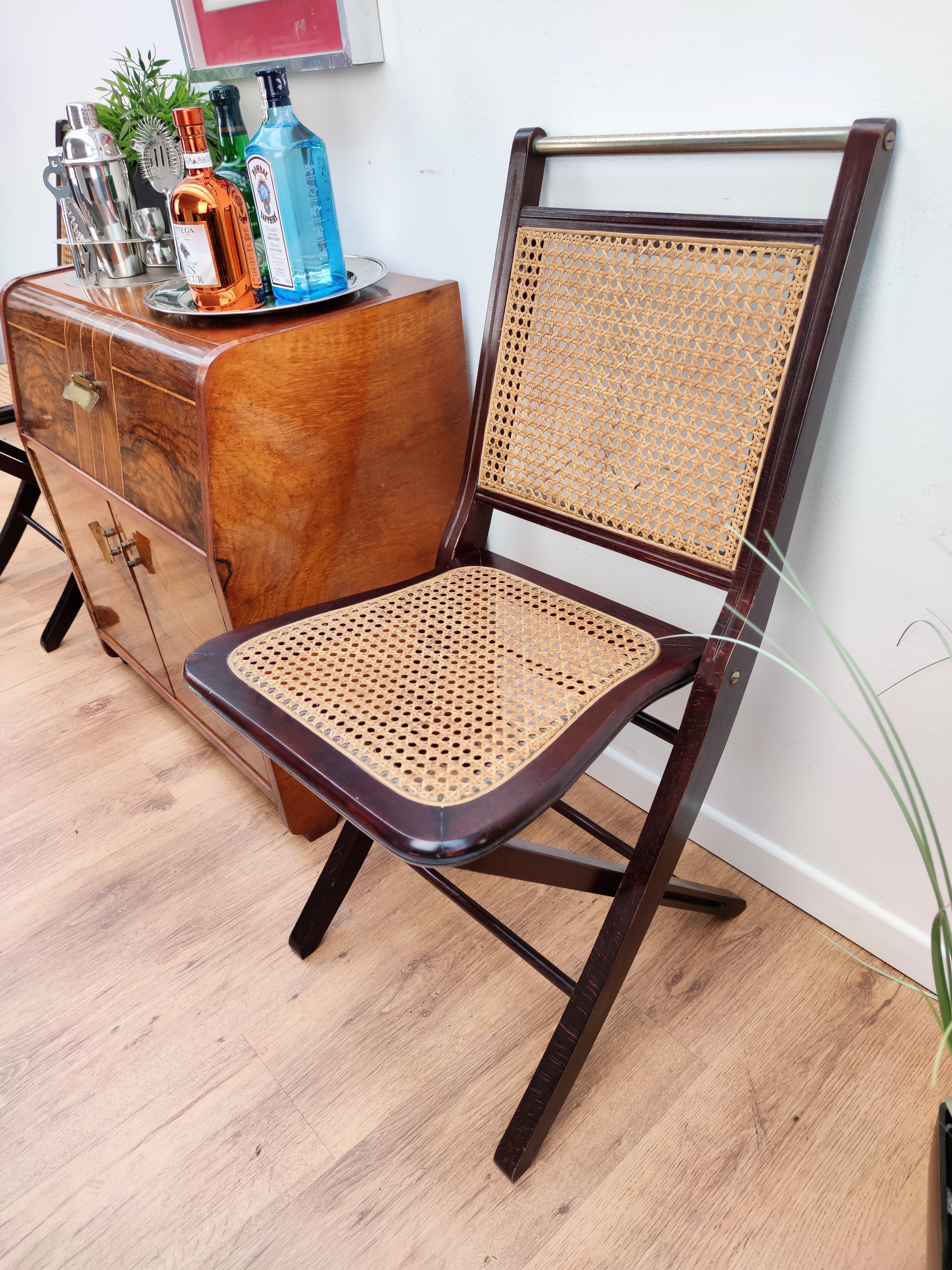 Pair of Italian Midcentury Wood, Brass and Rattan Folding Chairs For Sale  at 1stDibs