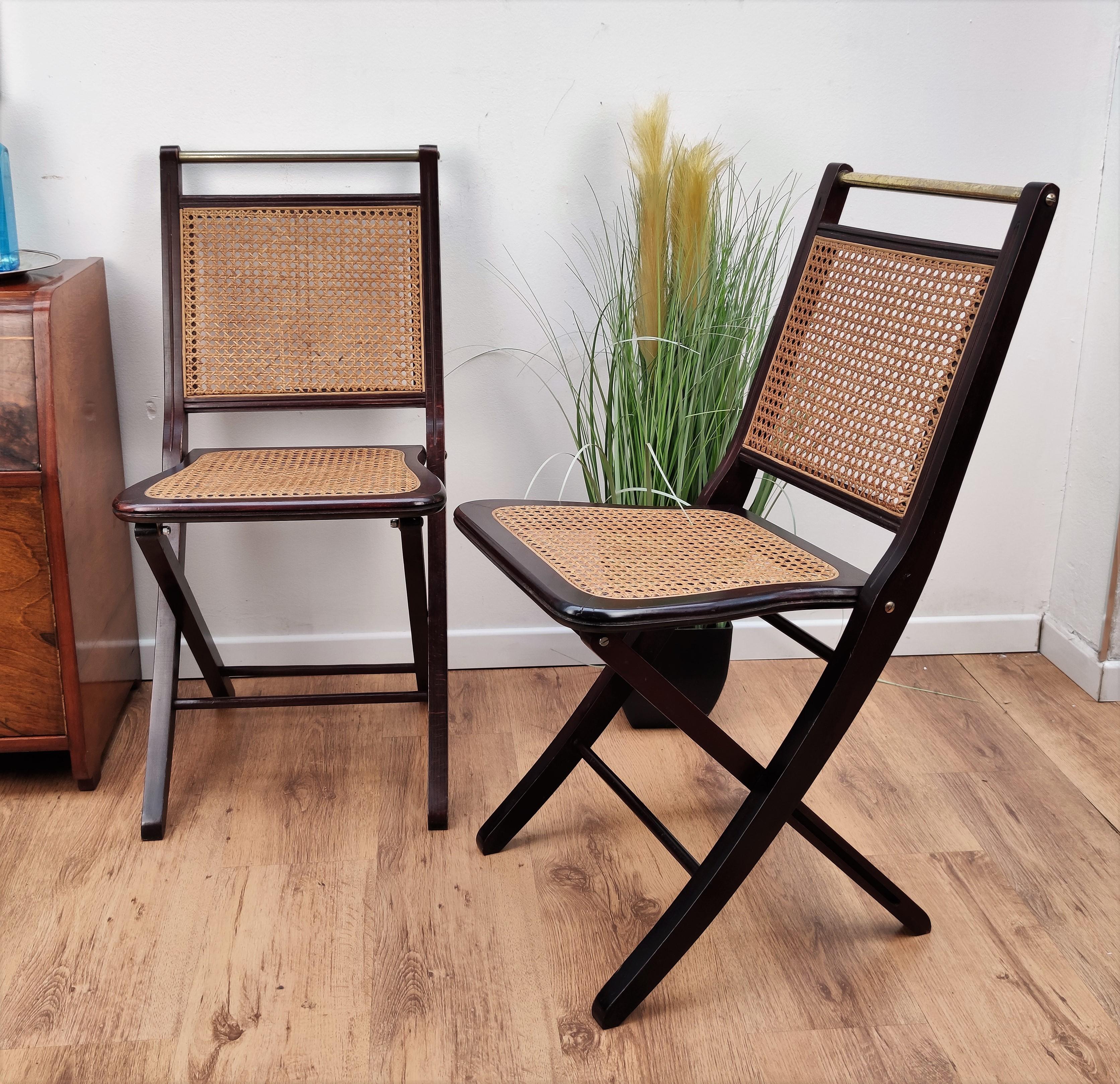 Caning Pair of Italian Midcentury Wood, Brass and Rattan Folding Chairs