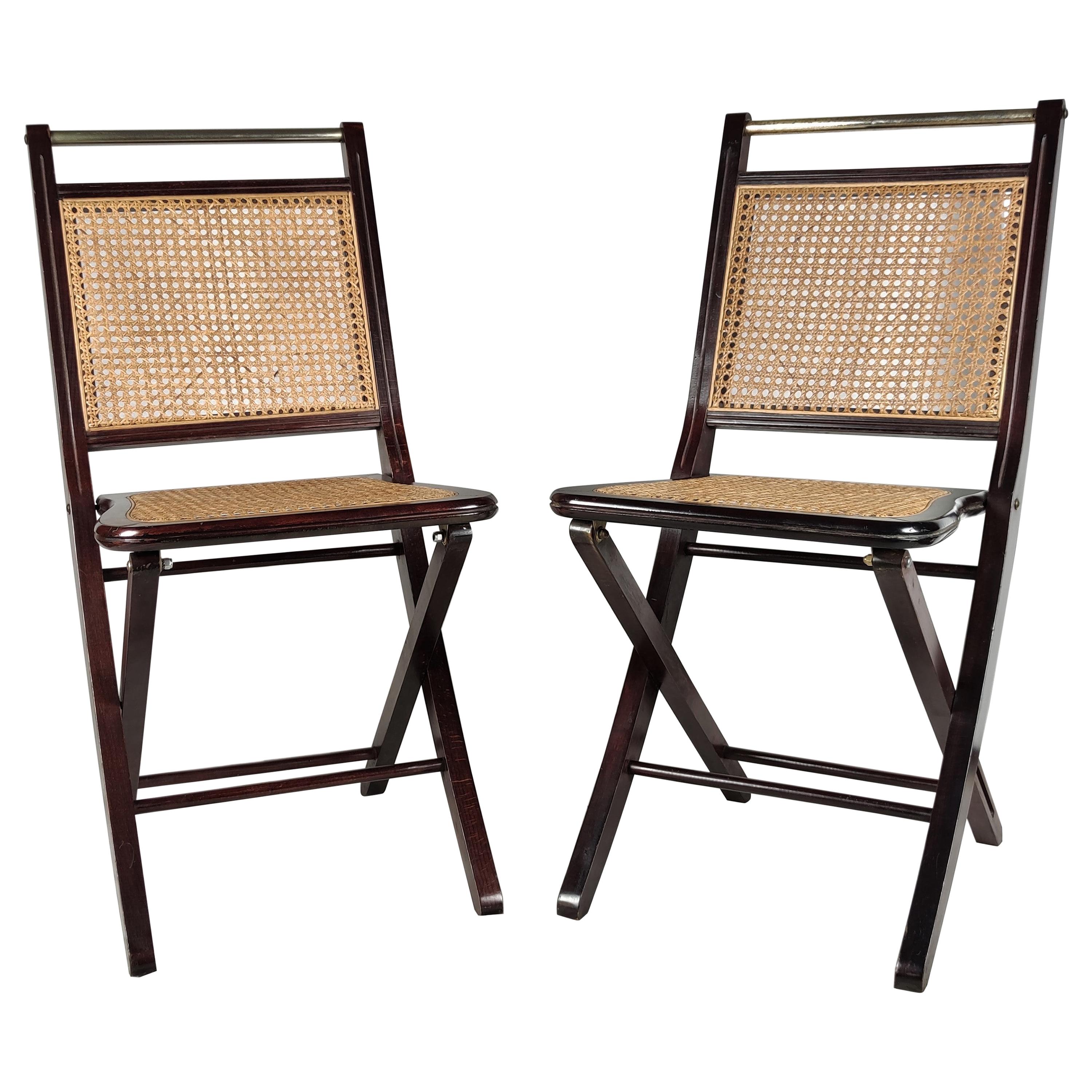 Pair of Italian Midcentury Wood, Brass and Rattan Folding Chairs