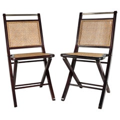 folding chairs for sale Pair of Italian Midcentury Wood, Brass and Rattan Folding Chairs