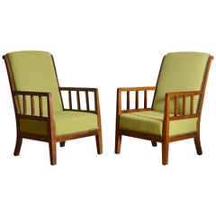 Pair of Italian Midcentury Wooden and Upholstered Armchairs, circa 1950