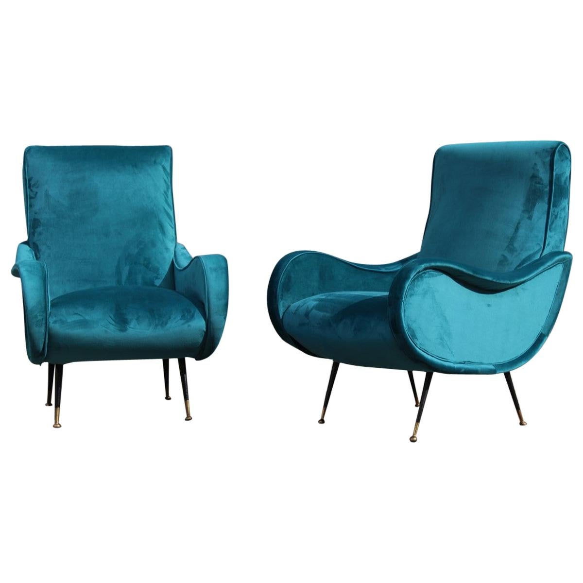 Pair of Italian Midcentury Zanuso Style Armchairs Velvet Green Brass Part, 1950s