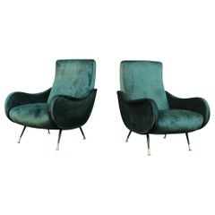 Pair of Italian Midcentury Zanuso Style Armchairs Velvet Green Brass Part, 1950s