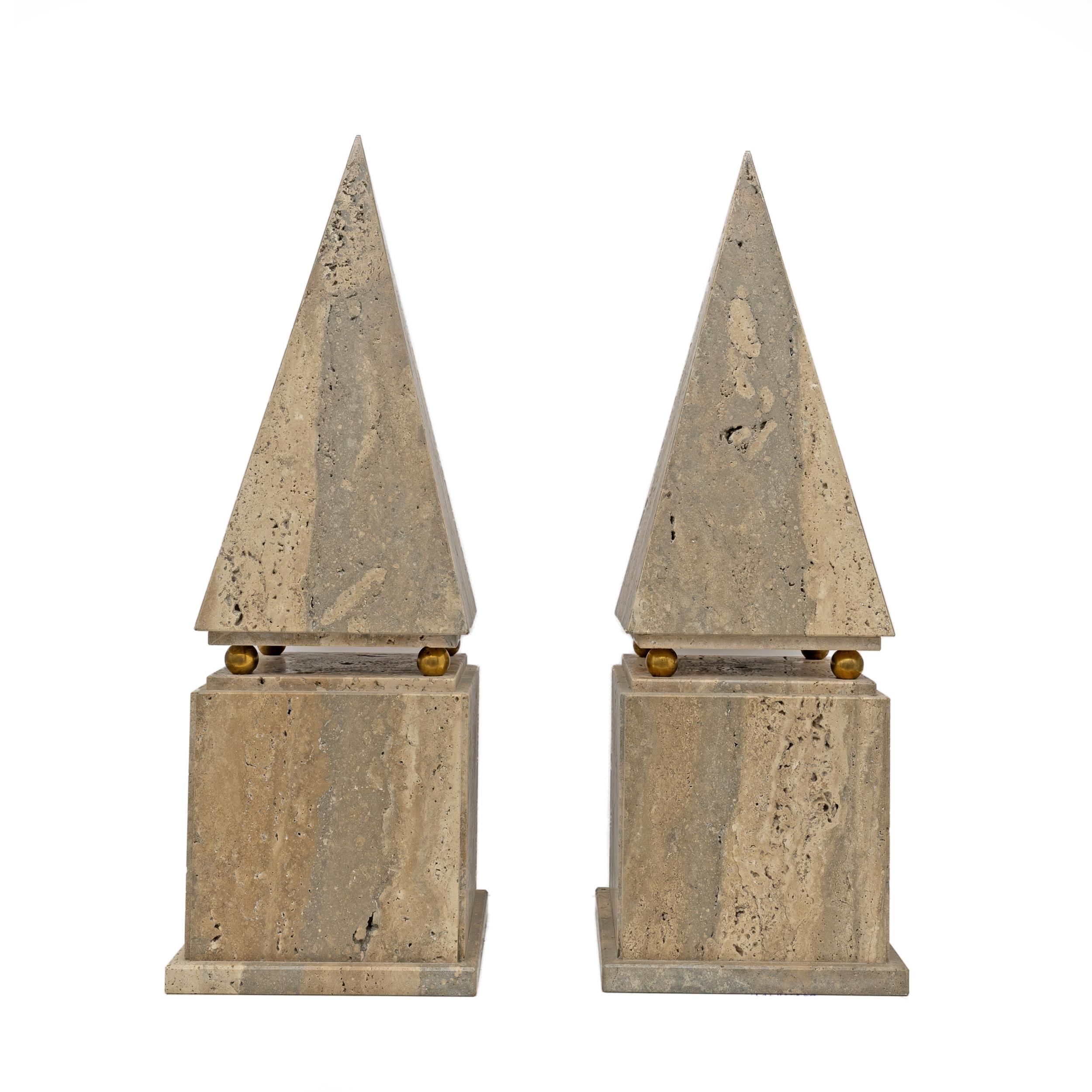 Pair of travertine and brass obelisks, produced in the 70s in minimalist style