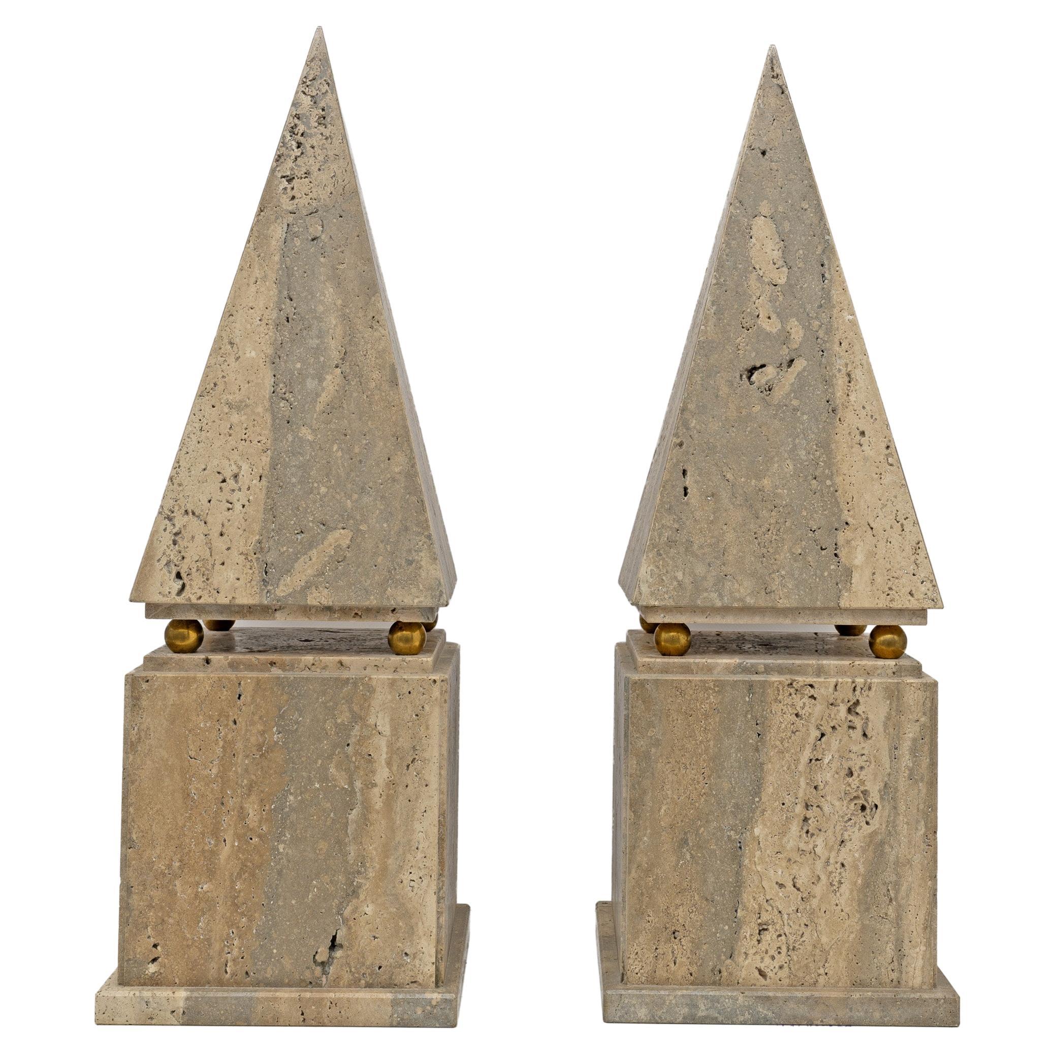 Pair of Italian Minimalist Roman Travertine Obelisk, Italy, 1970 For Sale