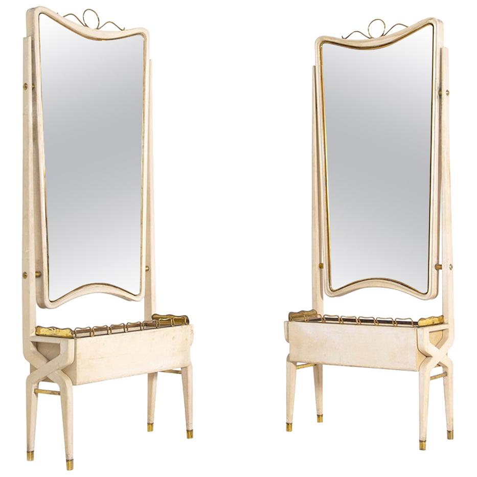 Pair of Italian Mirror Attributed to Pietro Lingeri, Brass and White Wood, 1940