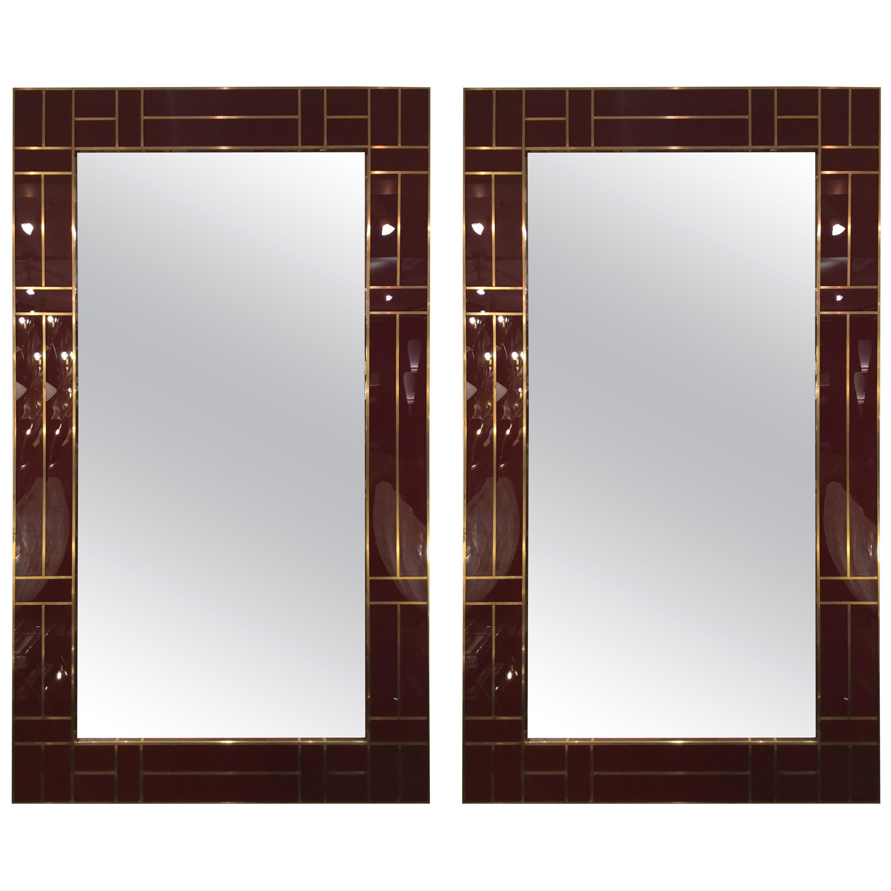 Pair of Italian Mirror in Bordeaux Venetian Glass with Brass Details, circa 1980