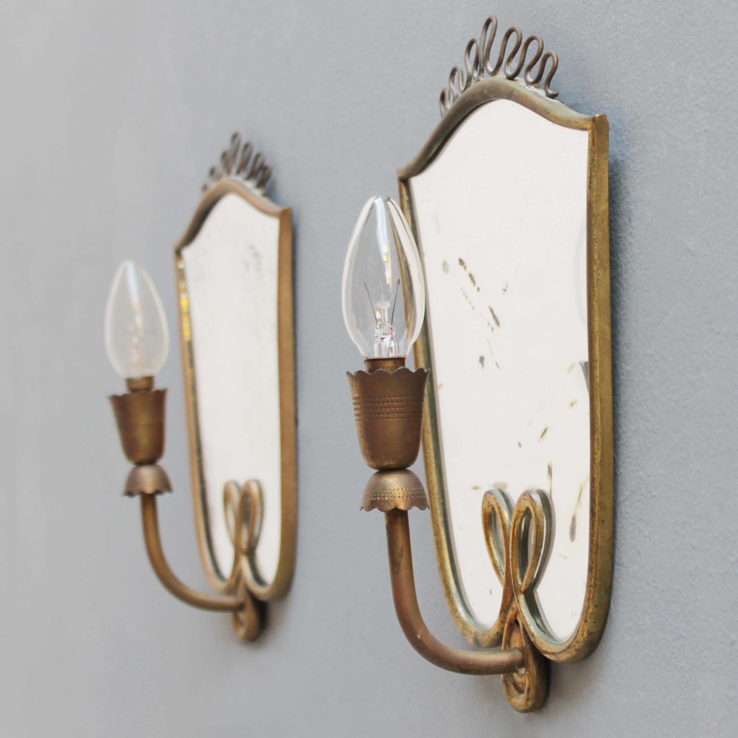 Mid-20th Century Pair of Italian Mirror Wall Lights in the Manner of Gio Ponti