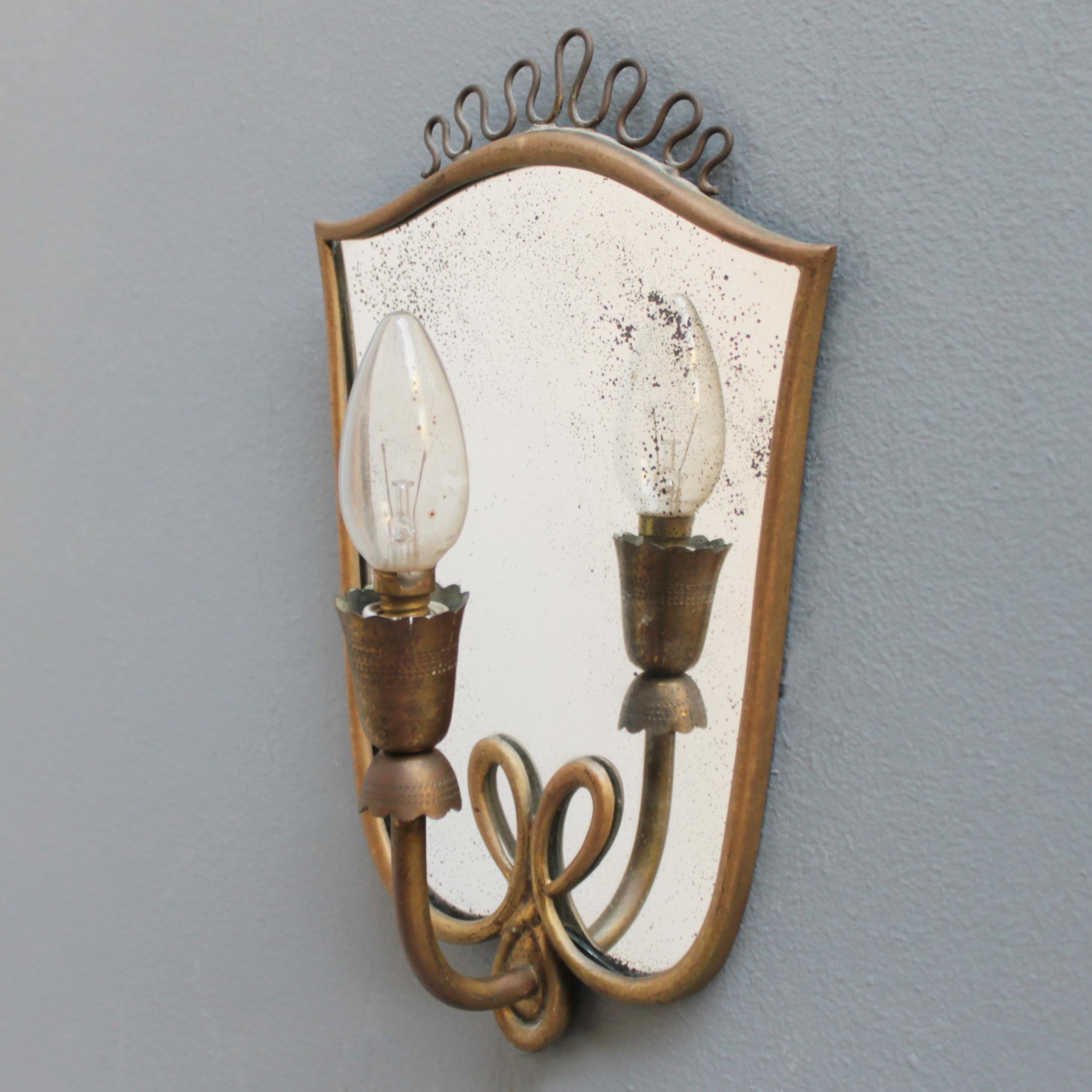 Brass Pair of Italian Mirror Wall Lights in the Manner of Gio Ponti