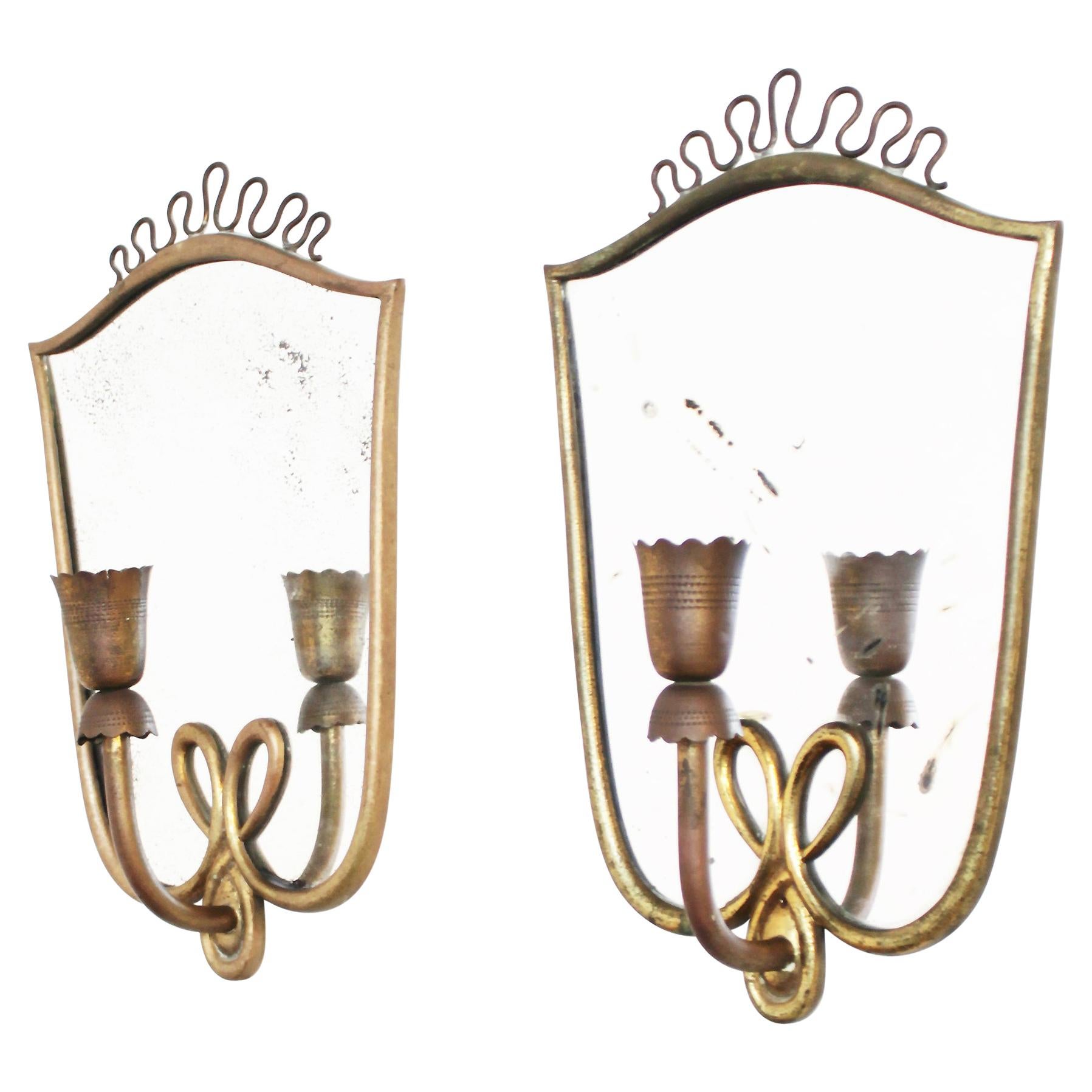 Pair of Italian Mirror Wall Lights in the Manner of Gio Ponti