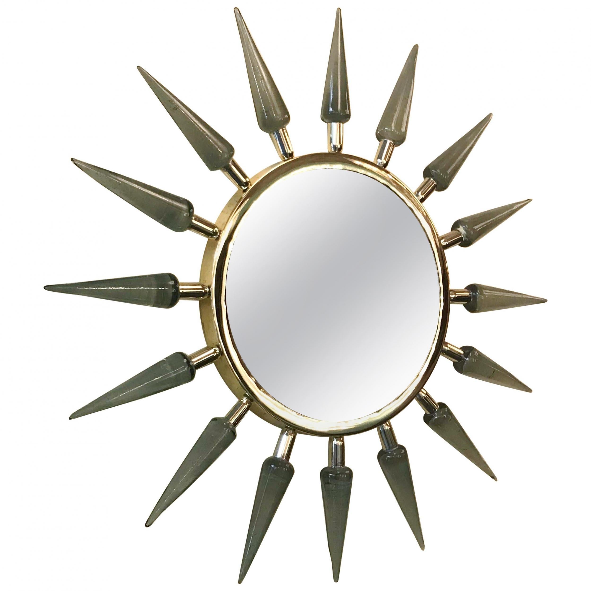 Pair of Italian mirrors with smoky hand blown Murano glass spikes mounted on 24-karat gold-plated frame

Made in Italy, 21st century.