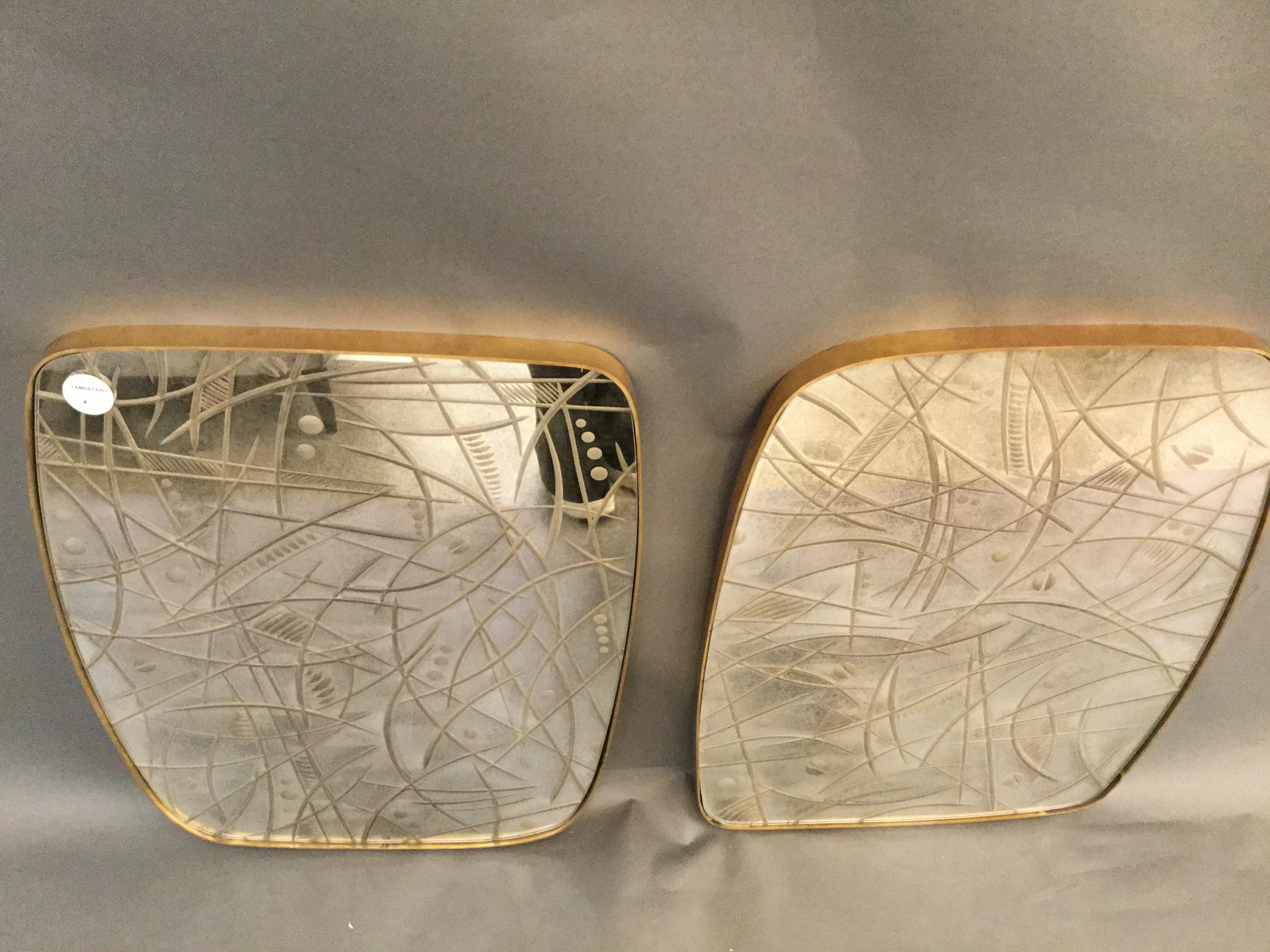 Organic Modern Pair of Italian Mirrors with Etched Glass Decorations and Brass Frame