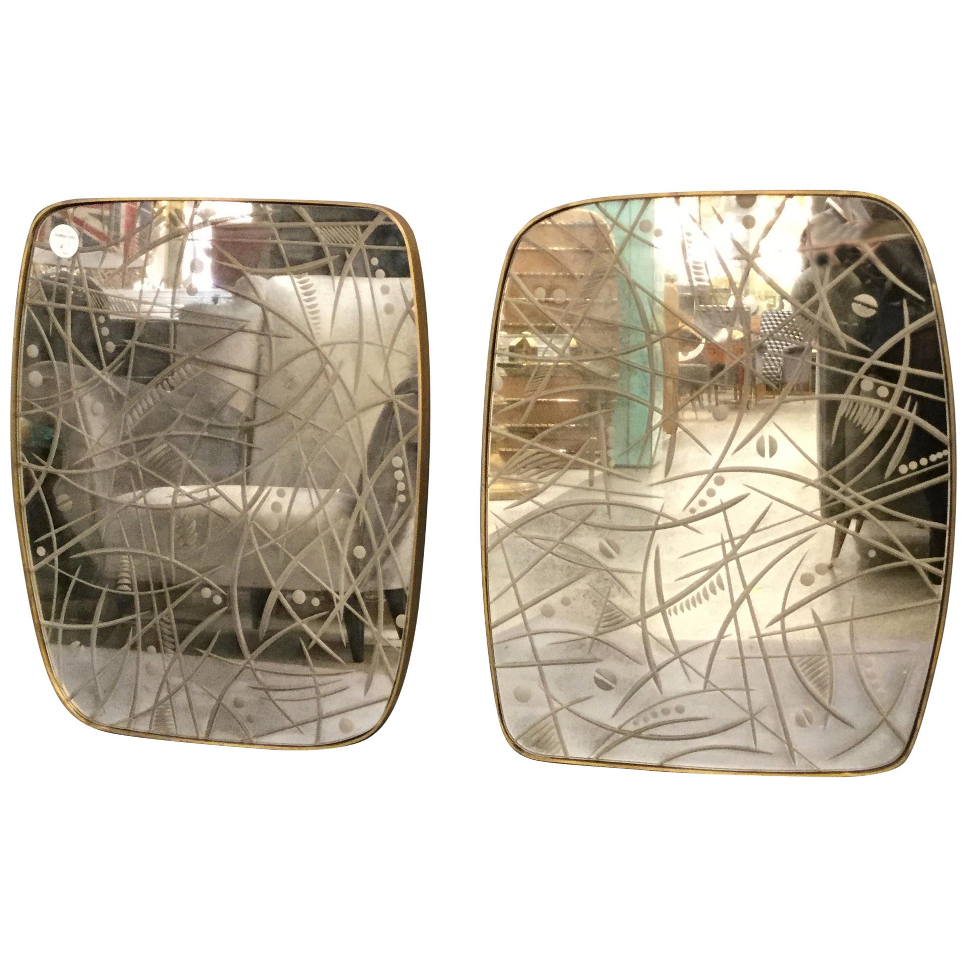Pair of Italian Mirrors with Etched Glass Decorations and Brass Frame