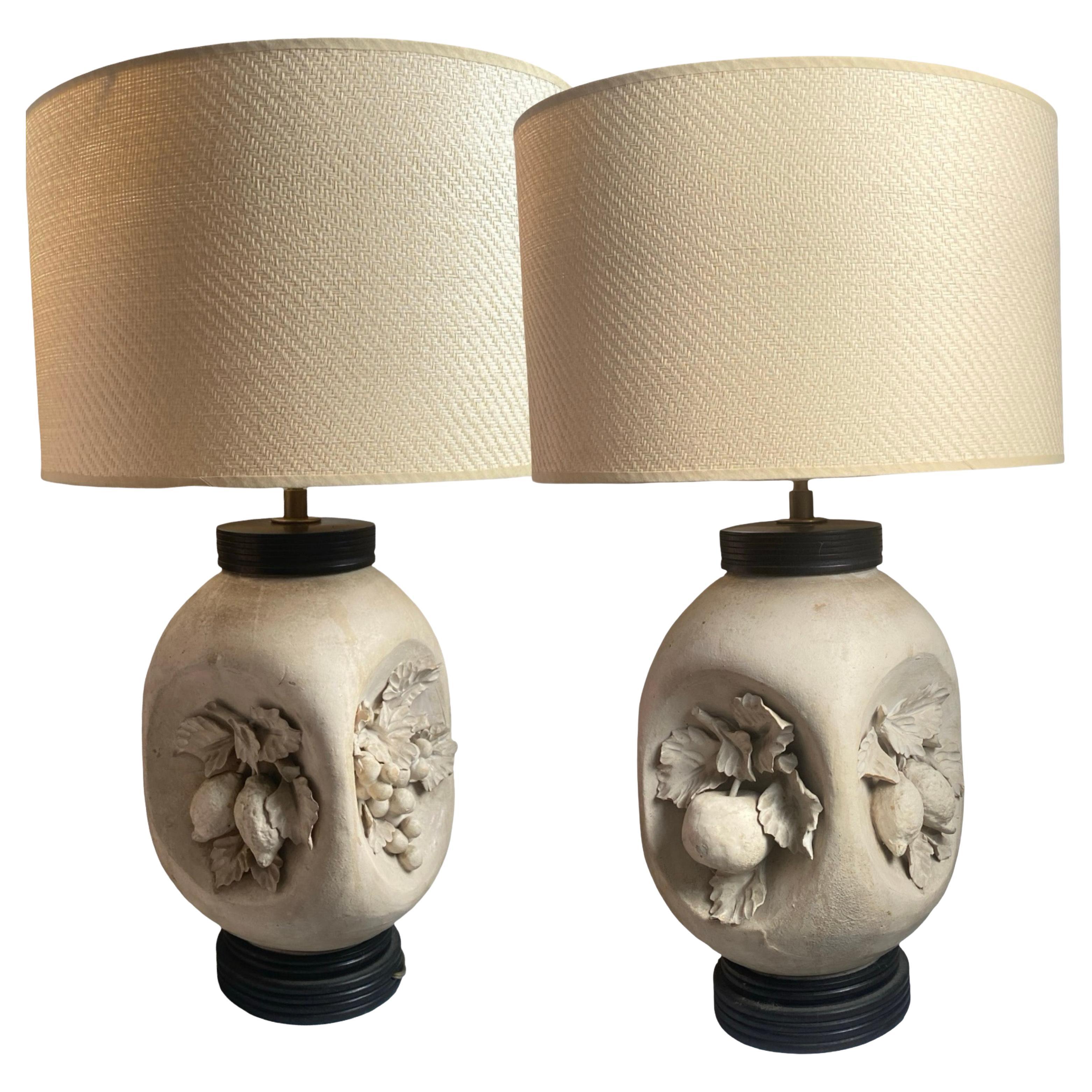 Pair of Italian Modern Artist Studio Matte Bisque Pottery Fruit Lamps w/ Shades For Sale