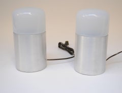 Pair of Italian Modern Bedside/Table Lamps in Opaline Glass and Brushed Aluminum