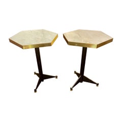 Pair of Italian Modern Black Steel and Marble Hex Tables