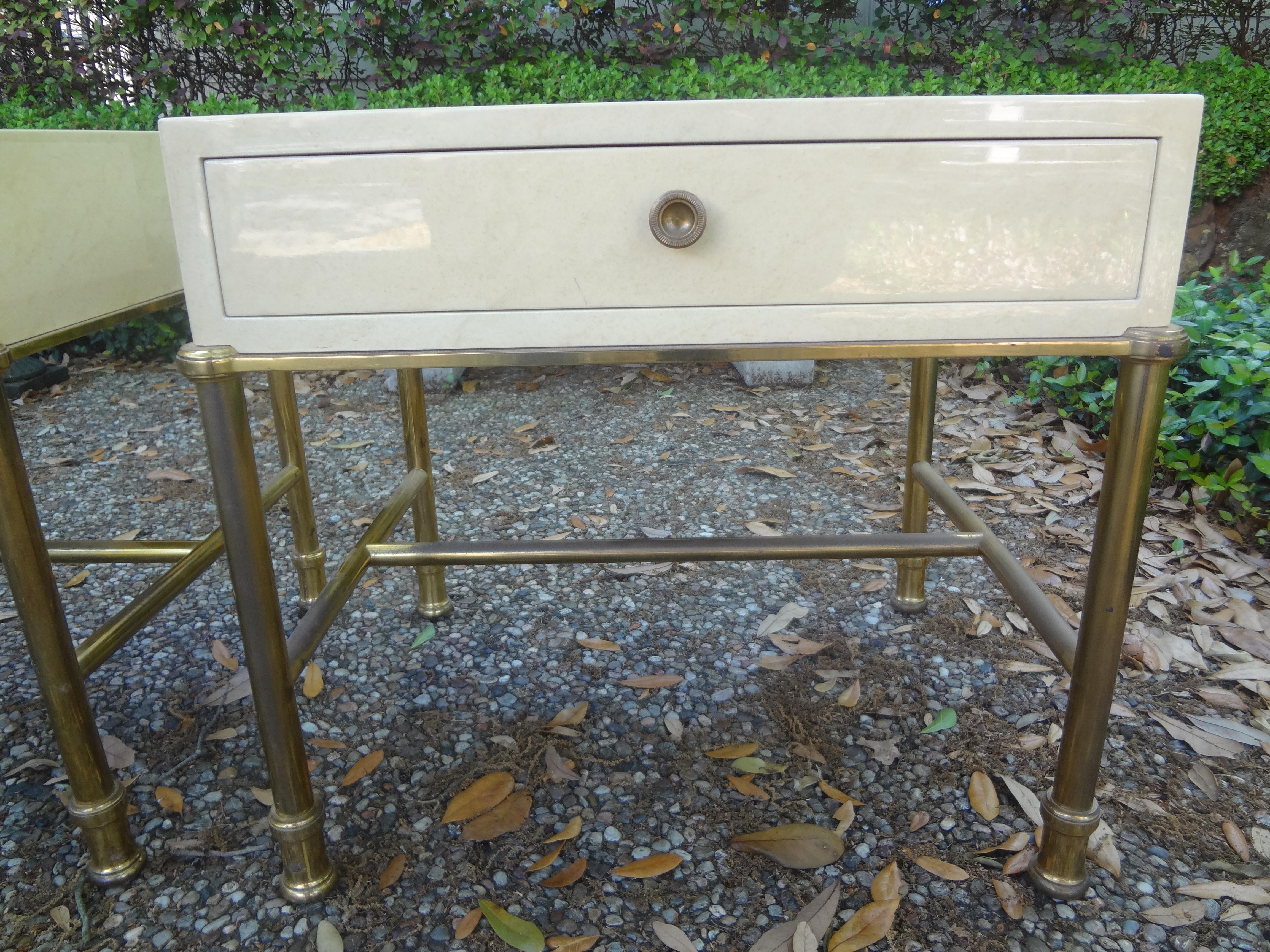 Hollywood Regency Pair of Italian Modern Brass and Lacquered Tables Attributed to Willy Rizzo For Sale