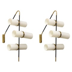 Pair of Italian Modern Brass, Enameled & Parchment Wall Lights Sconces Reggiani
