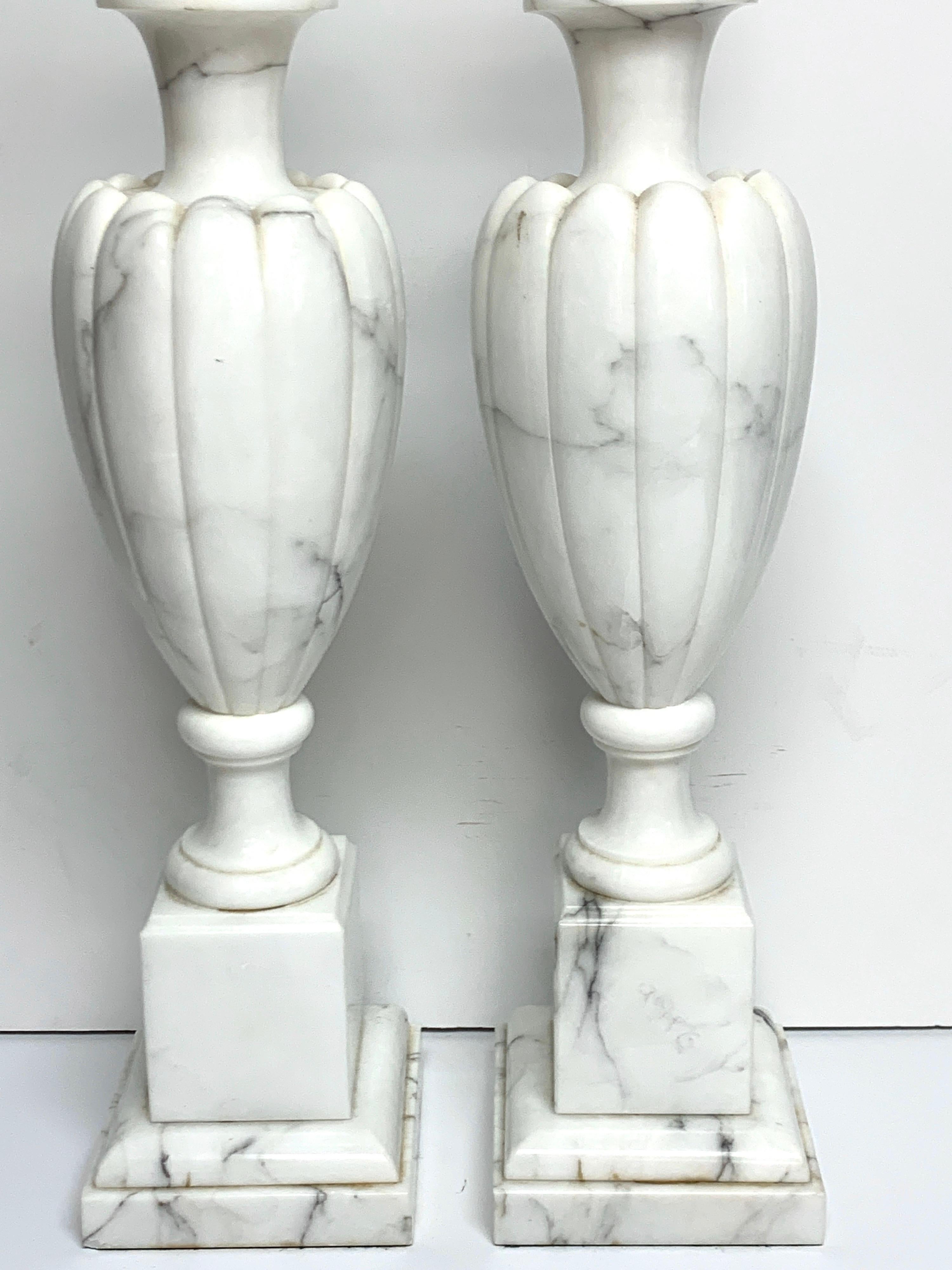 Carved Pair of Italian Modern Carrera Marble Lamps