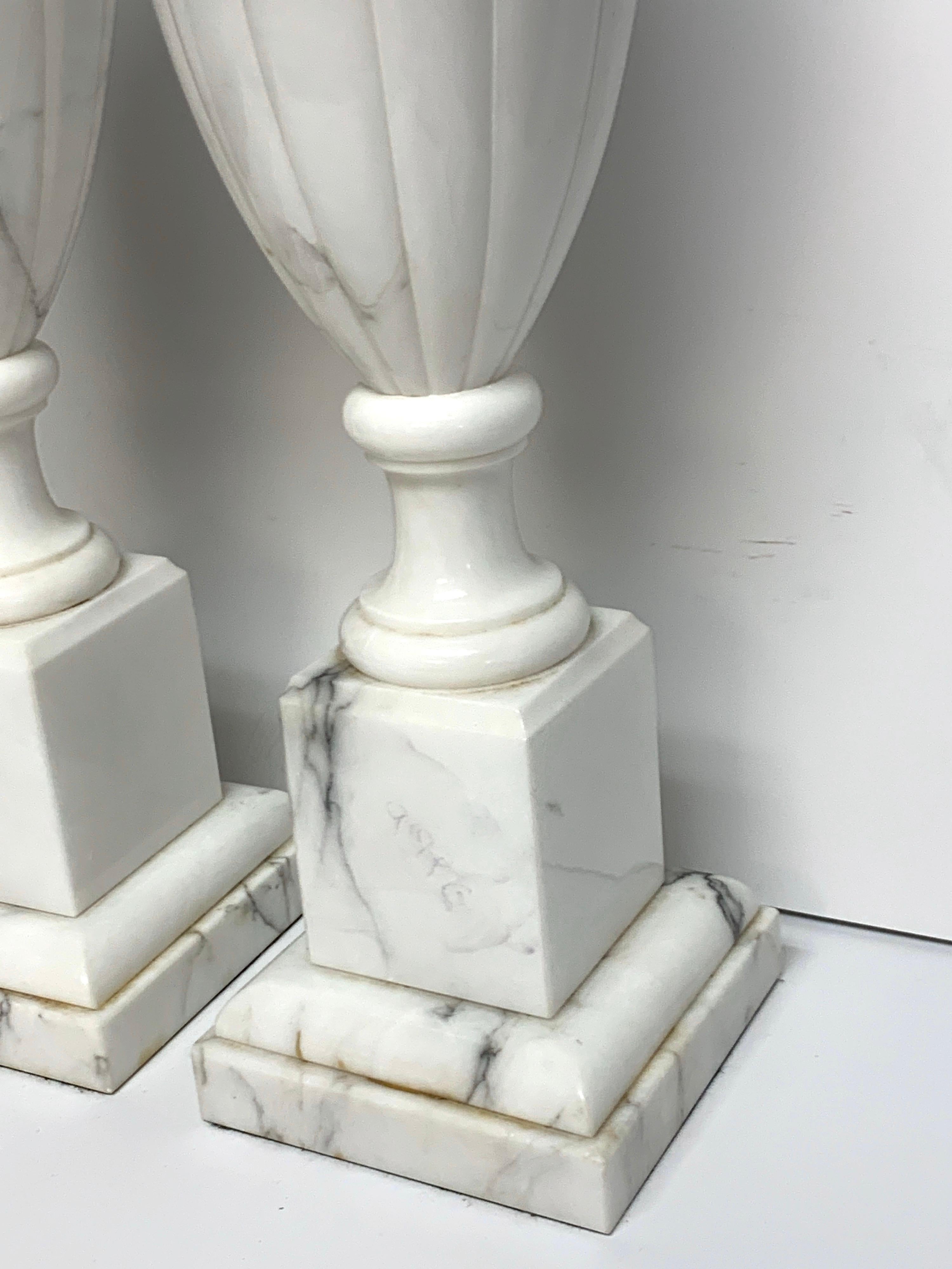 Pair of Italian Modern Carrera Marble Lamps In Good Condition In West Palm Beach, FL