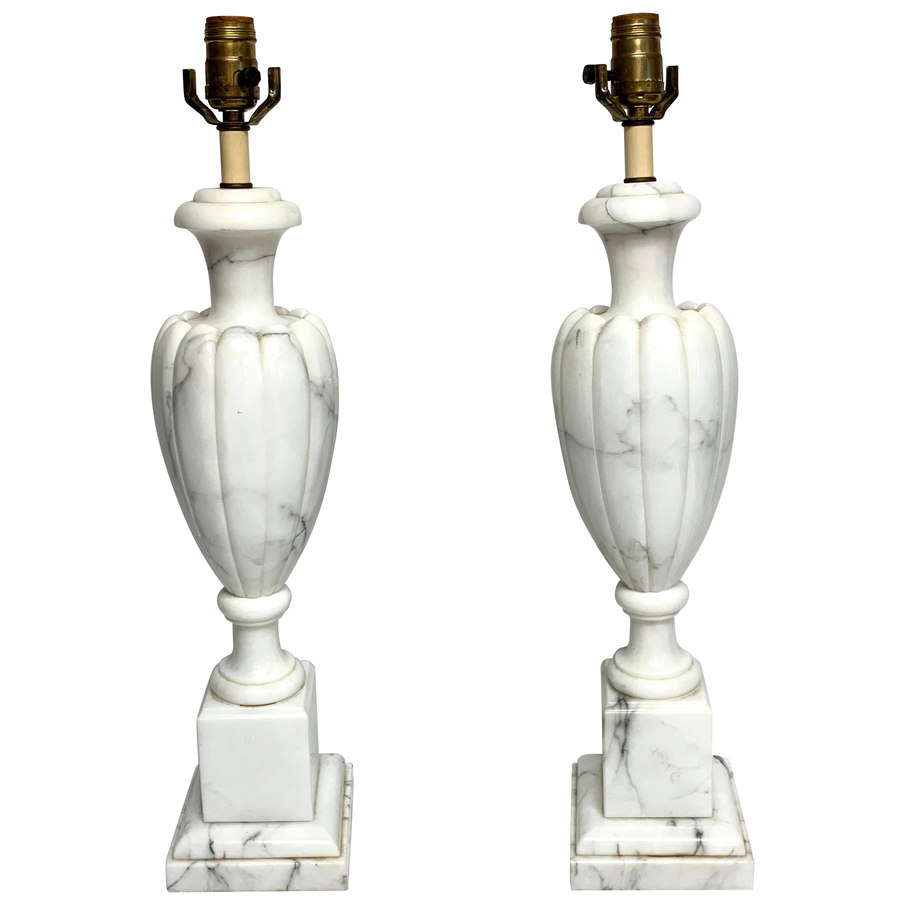 Pair of Italian Modern Carrera Marble Lamps