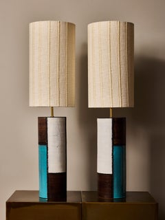 Pair of Italian Modern Ceramic Table Lamps in Turquoise, White and Brown Glaze