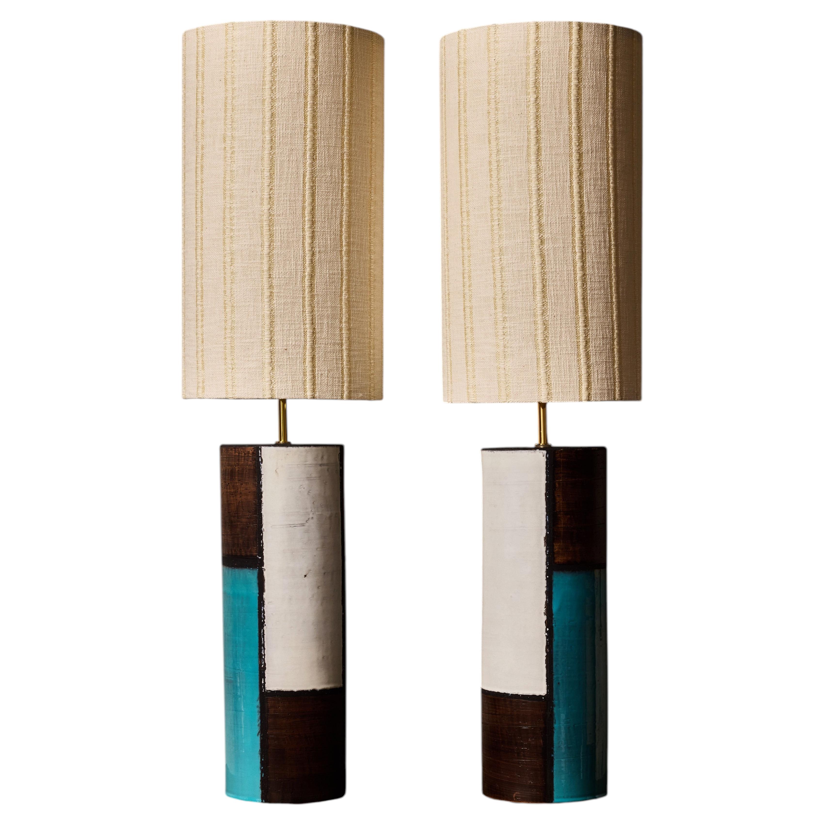 Pair of Italian Modern Ceramic Table Lamps in Turquoise, White and Brown Glaze For Sale