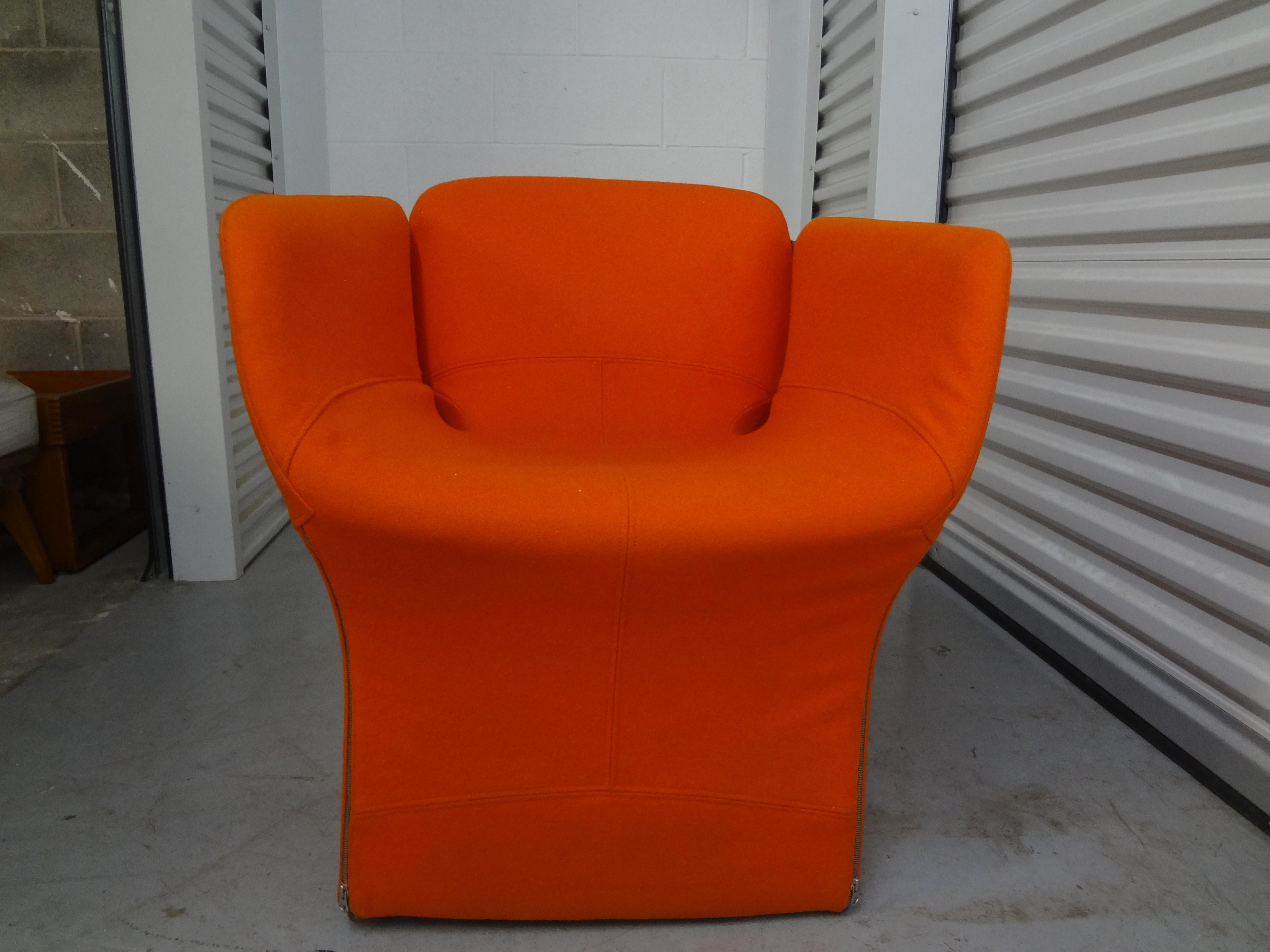 Pair Of Italian Modern Chairs By Ron Arad For Moroso.
Great pair of Italian modern chairs, club chairs, lounge chairs or side chairs were designed by Ron Arad for Moroso. These comfortable chairs retain their original orange wood upholstery which is
