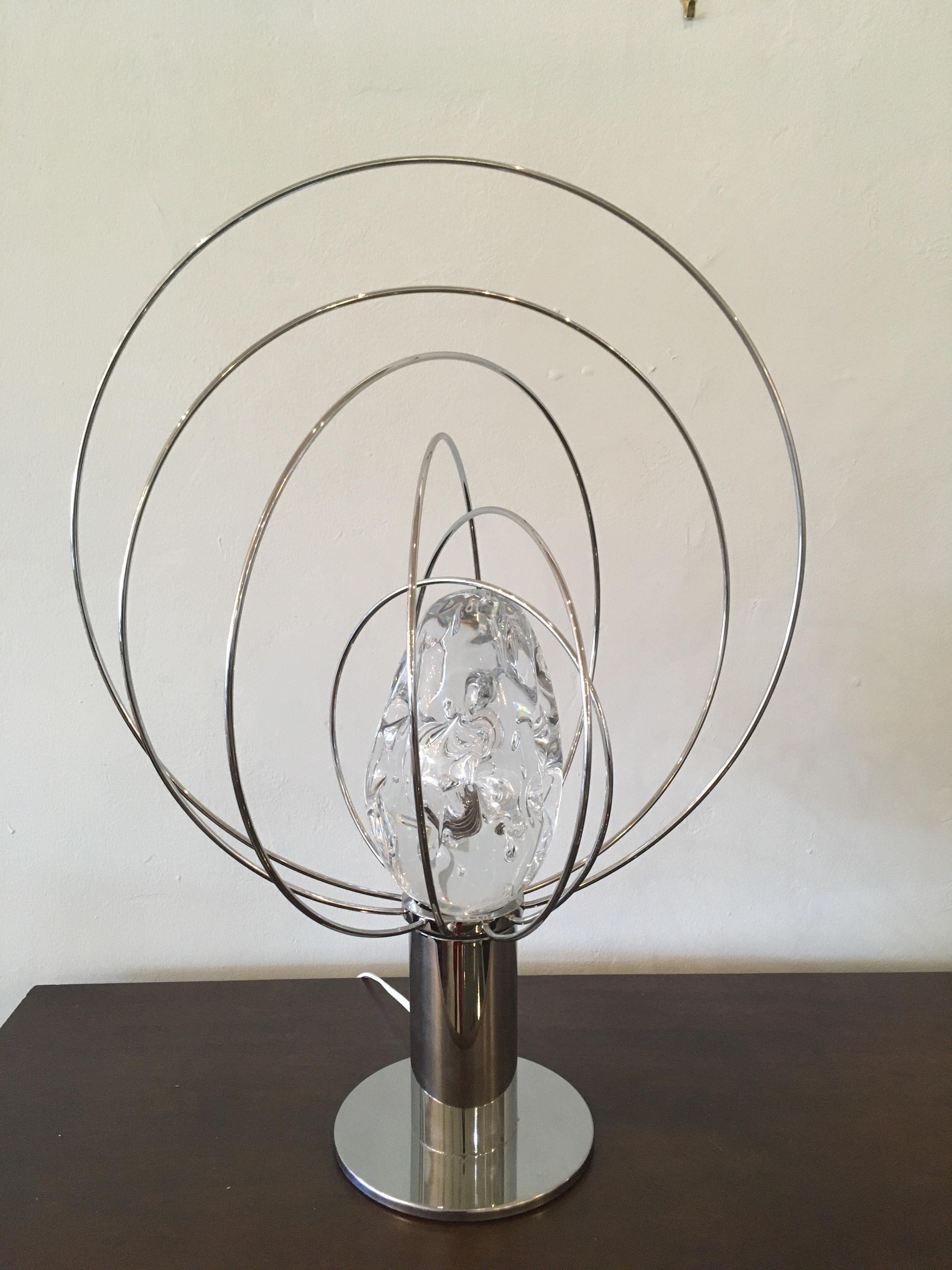 Pair of Italian Modern Chrome & Murano Glass/Crystal Lamps Angelo Brotto In Good Condition In Hollywood, FL