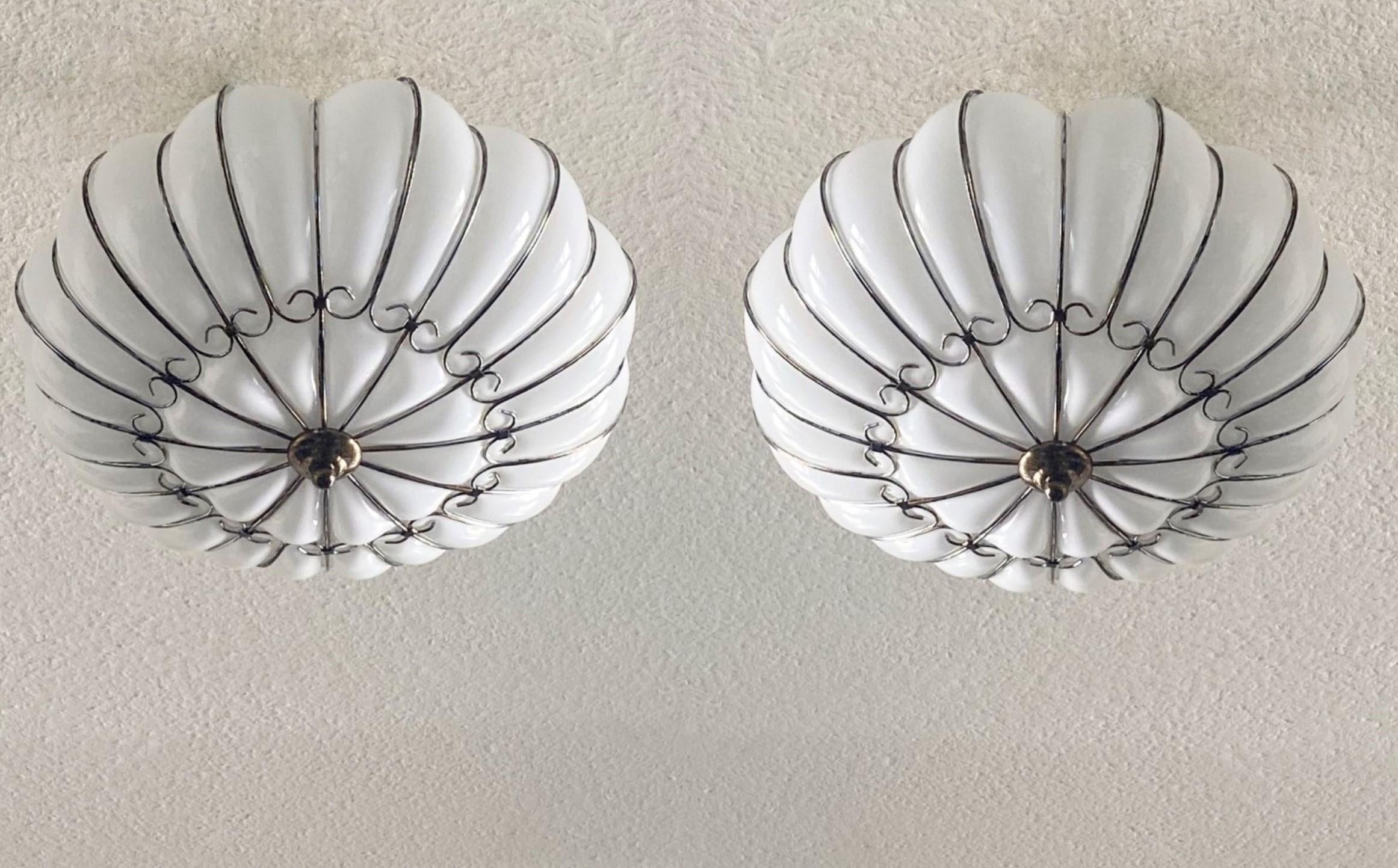 Pair of Italian Modern Classic Venetian Murano Milk Glass 4-Light Flush Mounts In Good Condition In Frankfurt am Main, DE