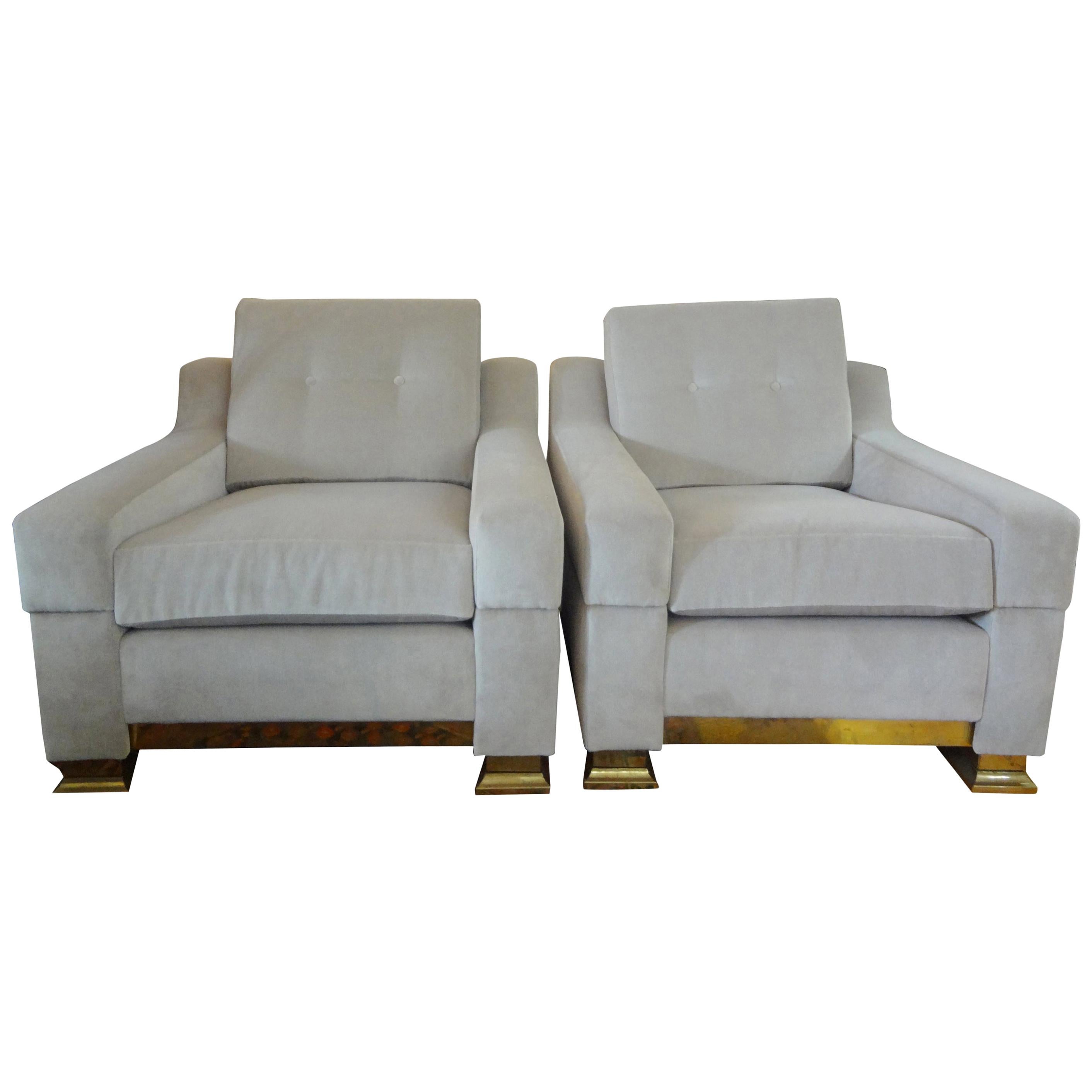 Pair of Italian Modern Cube Chairs with Brass Bases