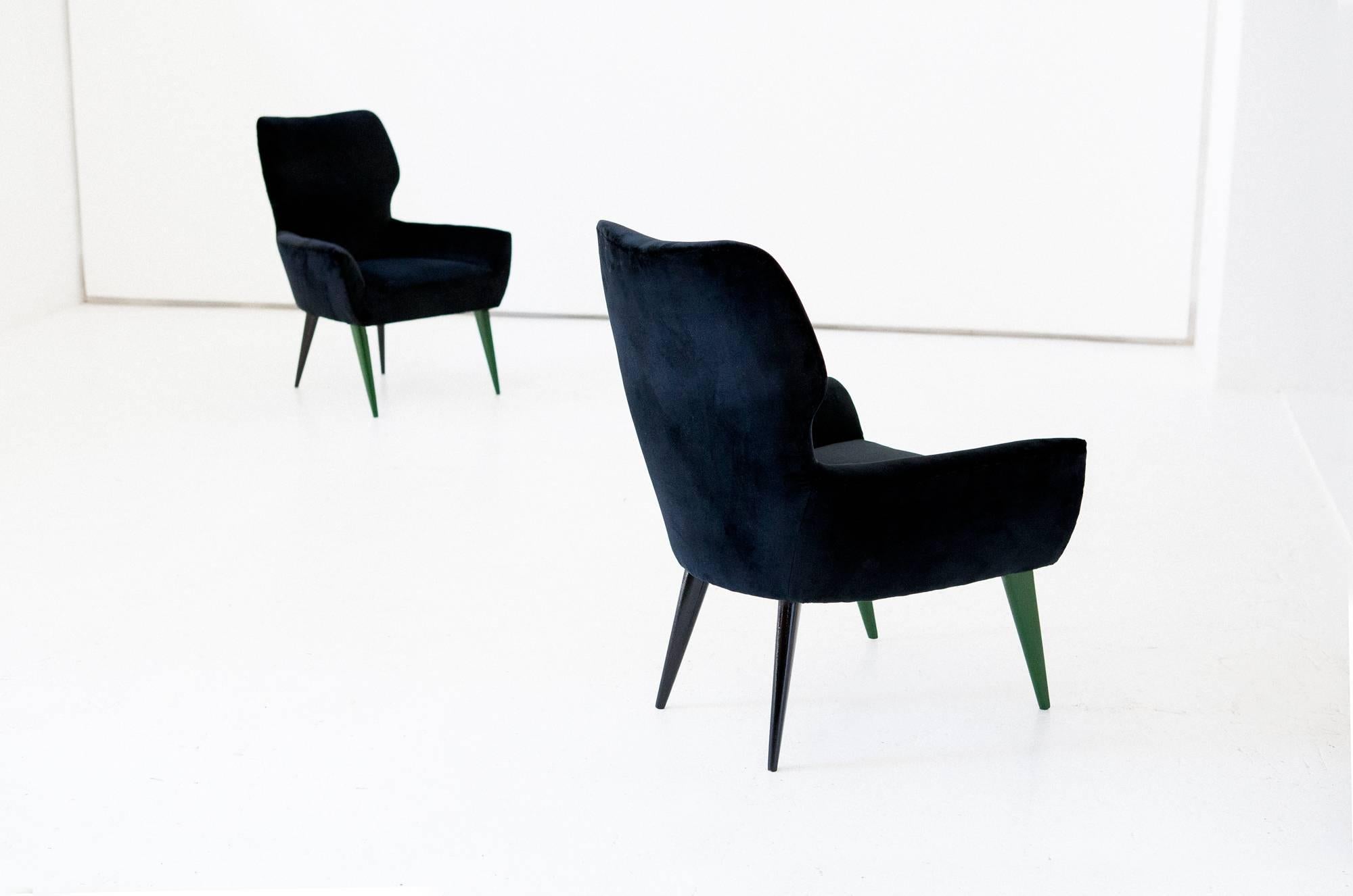 Pair of Italian Modern Easy Chairs with New Black Velvet Upholstery, 1950s 2